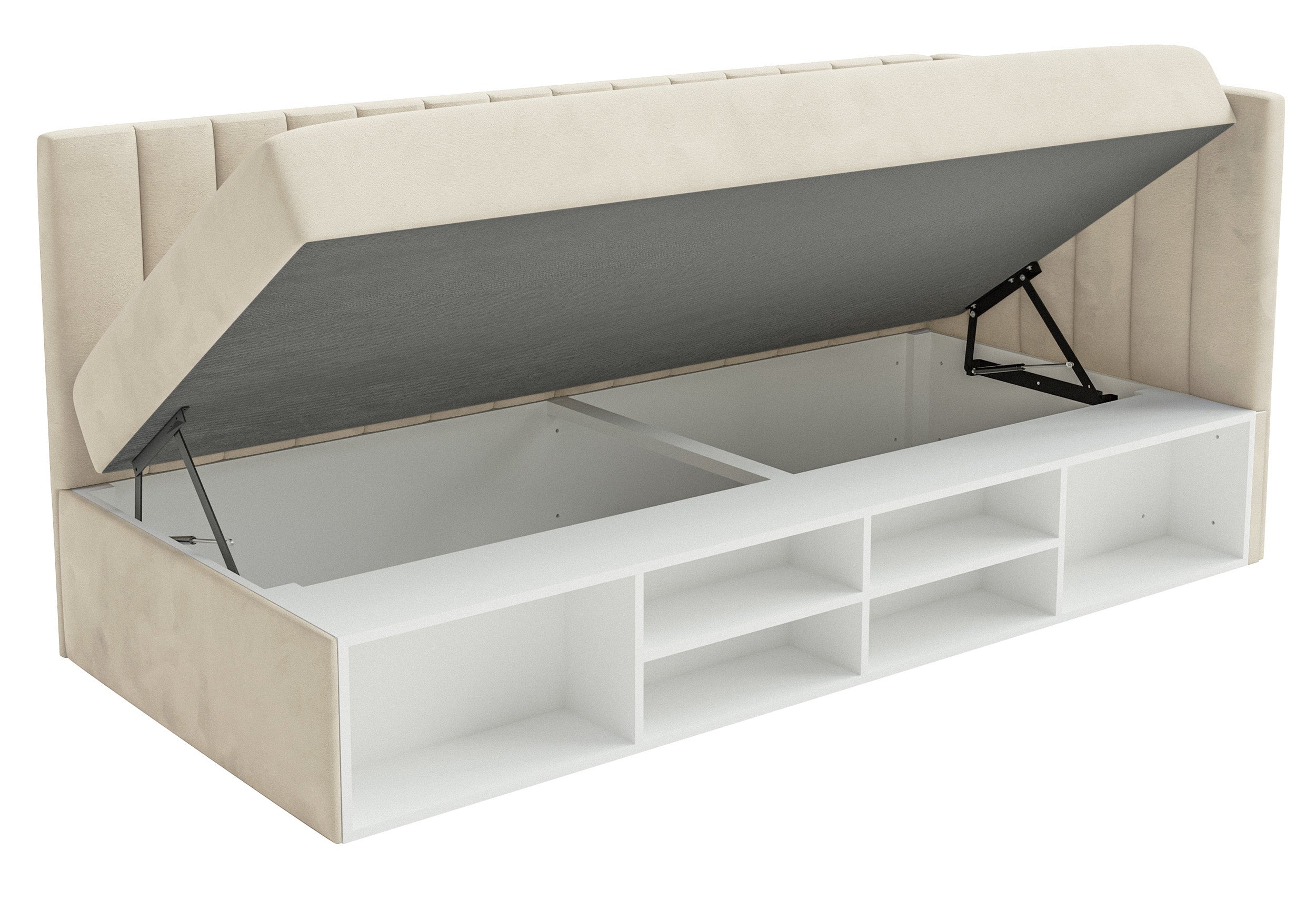 Łóżko młodzieżowe 90x200 cm Ventrio prawostronne z pojemnikiem i półkami jasnobeżowe welur hydrofobowy łatwoczyszczący