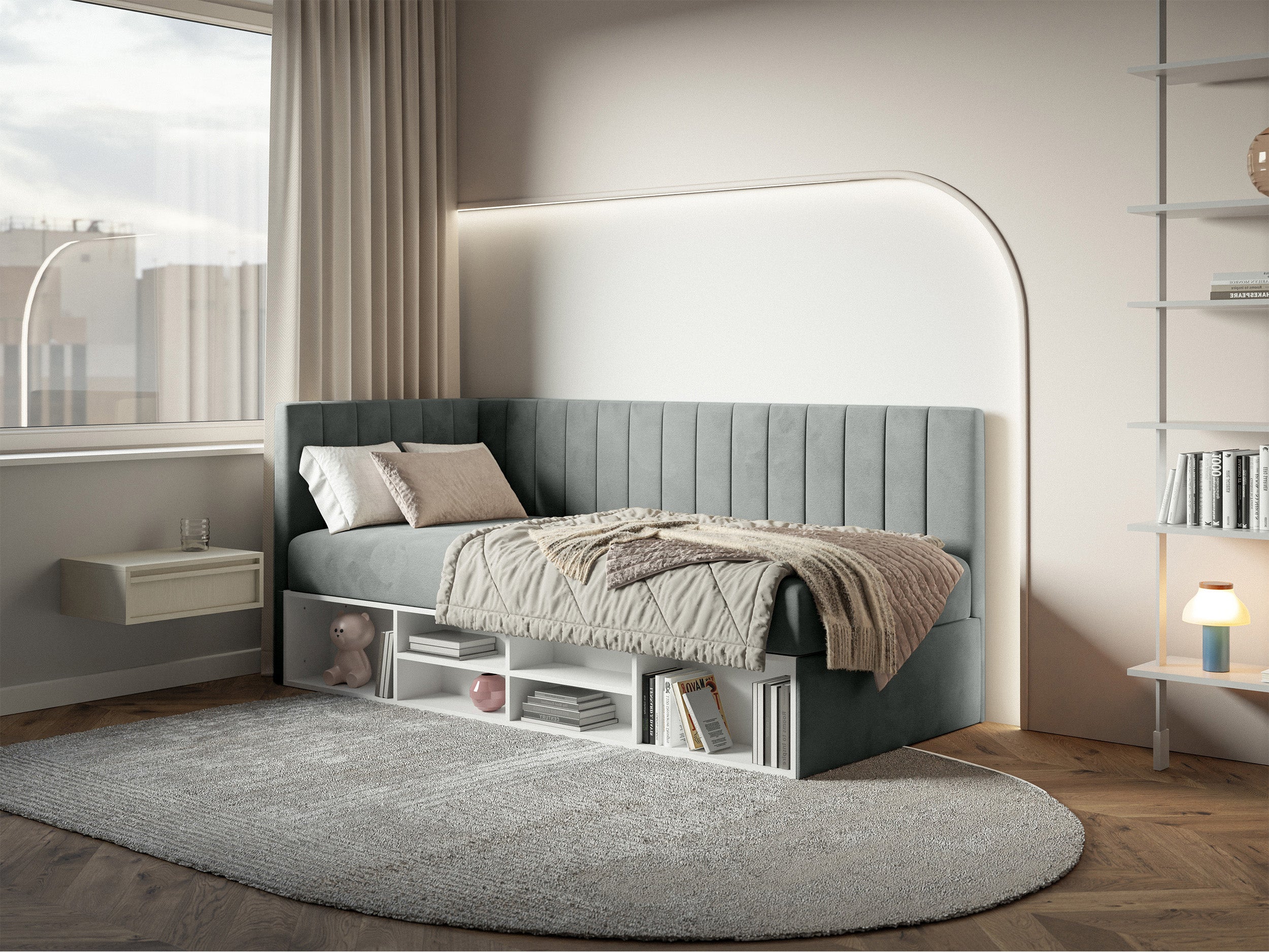 Łóżko młodzieżowe 90x200 cm Ventrio lewostronne z pojemnikiem i półkami szare welur hydrofobowy łatwoczyszczący