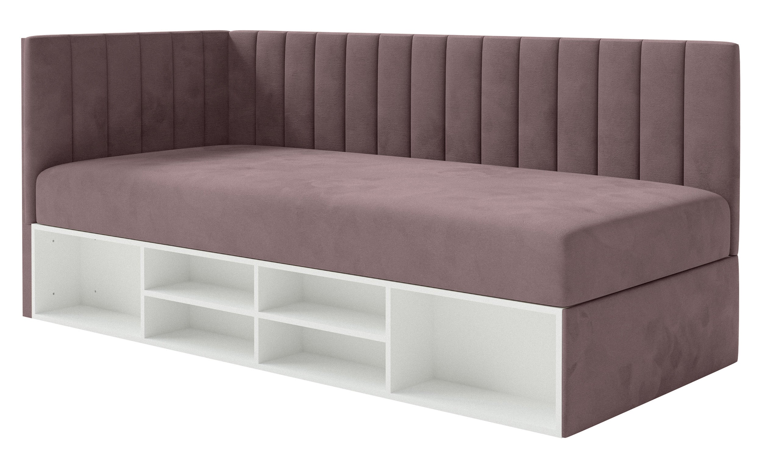Łóżko młodzieżowe 90x200 cm Ventrio lewostronne z pojemnikiem i półkami fioletowe welur hydrofobowy łatwoczyszczący