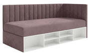 Łóżko młodzieżowe 90x200 cm Ventrio prawostronne z pojemnikiem i półkami fioletowe welur hydrofobowy łatwoczyszczący