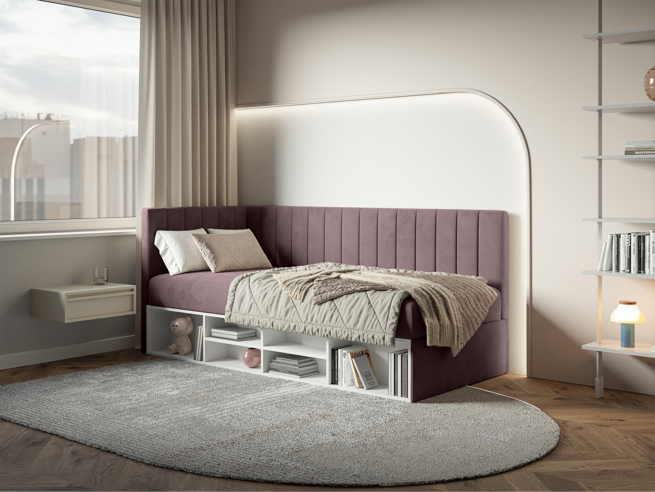 Łóżko młodzieżowe 90x200 cm Ventrio lewostronne z pojemnikiem i półkami fioletowe welur hydrofobowy łatwoczyszczący