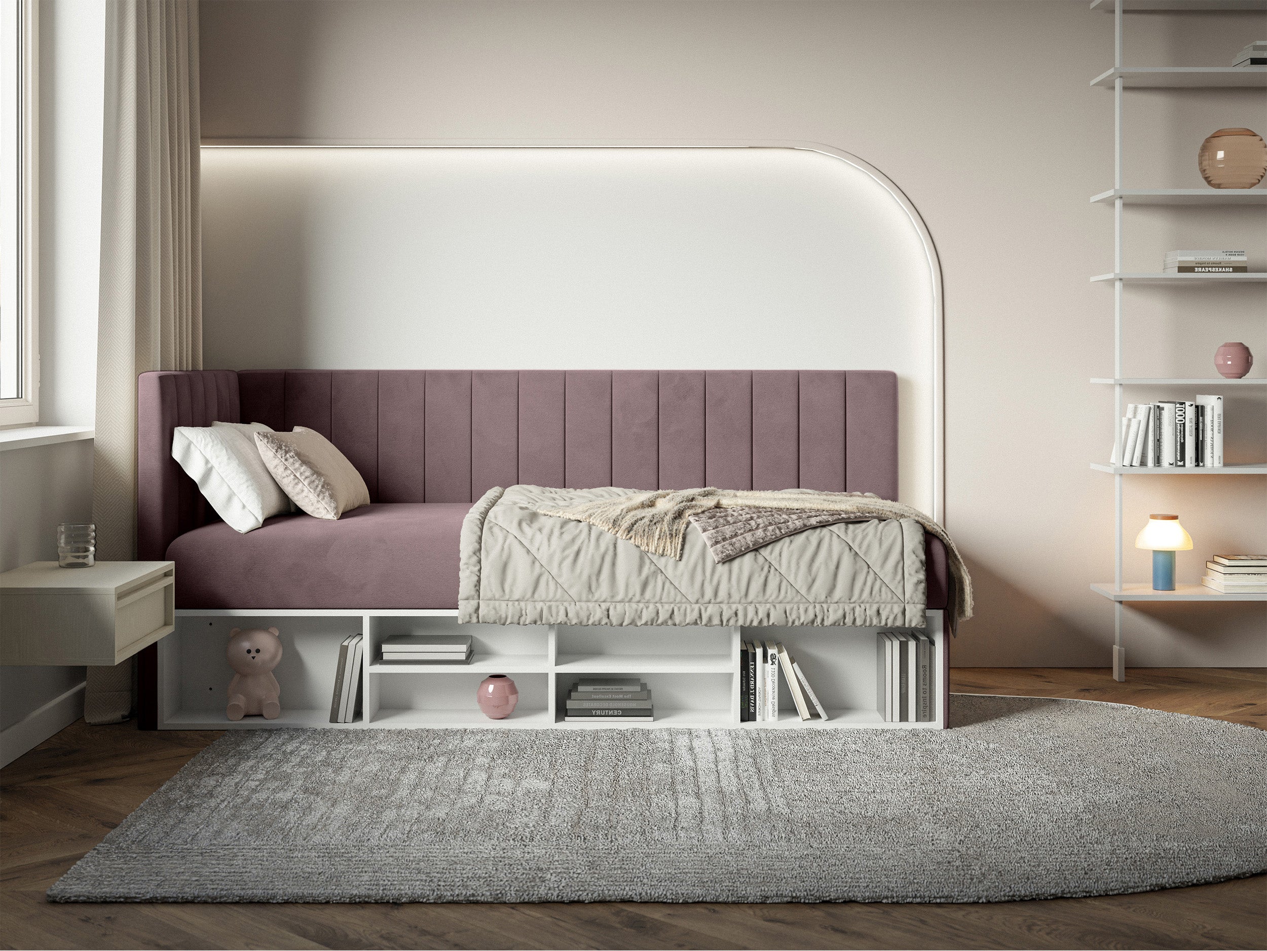 Łóżko młodzieżowe 90x200 cm Ventrio lewostronne z pojemnikiem i półkami fioletowe welur hydrofobowy łatwoczyszczący