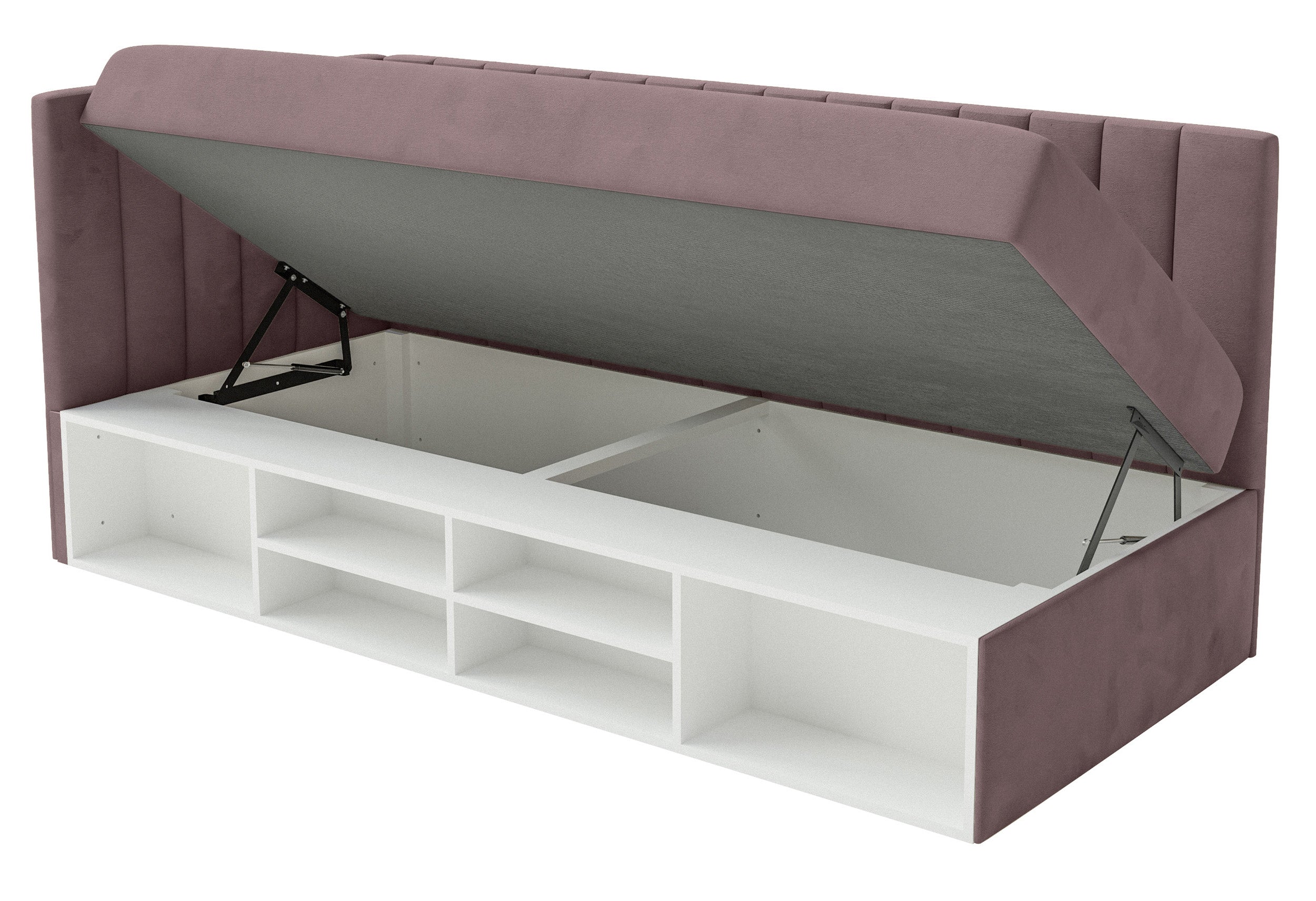 Łóżko młodzieżowe 90x200 cm Ventrio lewostronne z pojemnikiem i półkami fioletowe welur hydrofobowy łatwoczyszczący