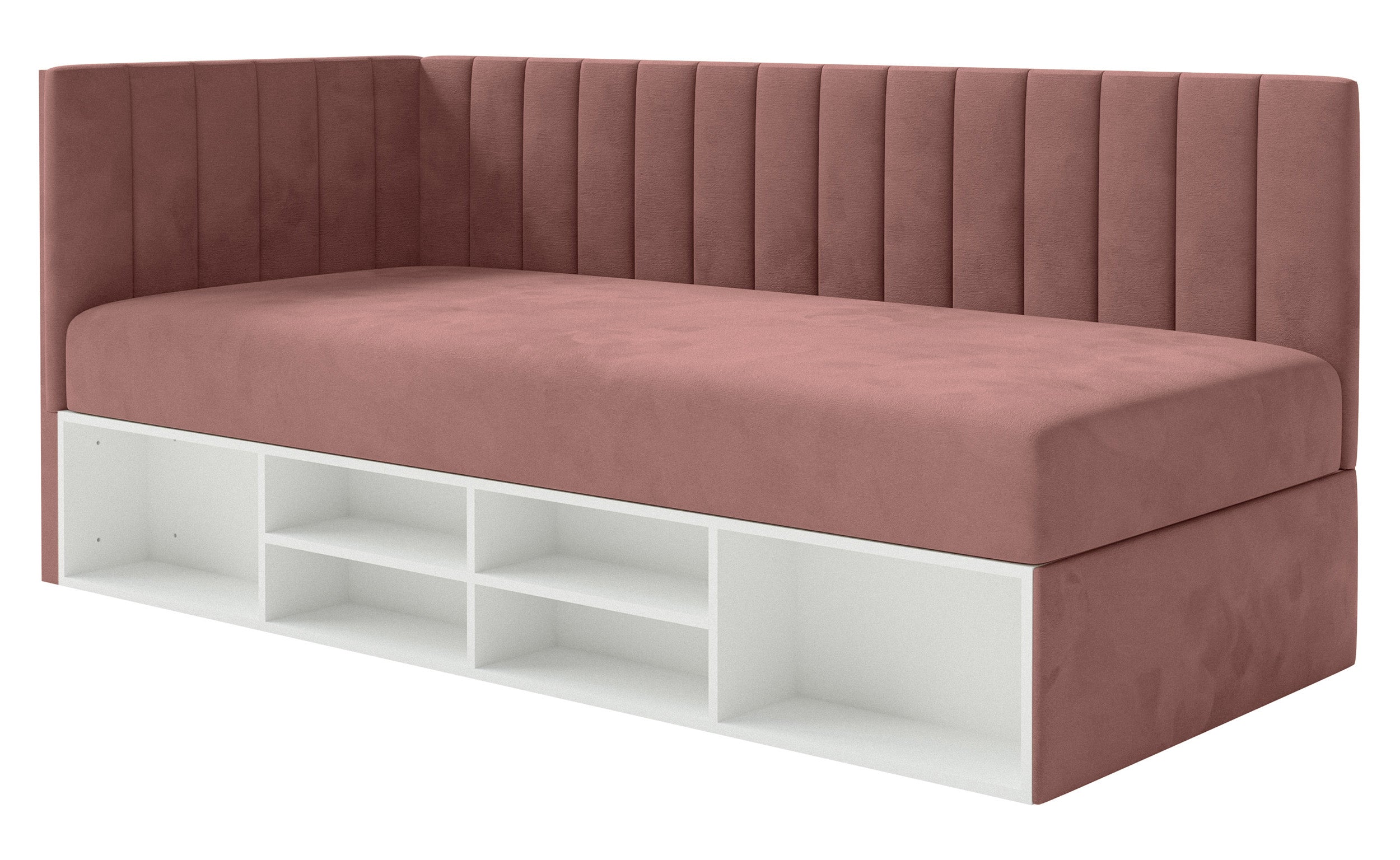 Łóżko młodzieżowe 90x200 cm Ventrio lewostronne z pojemnikiem i półkami różowe welur hydrofobowy łatwoczyszczący