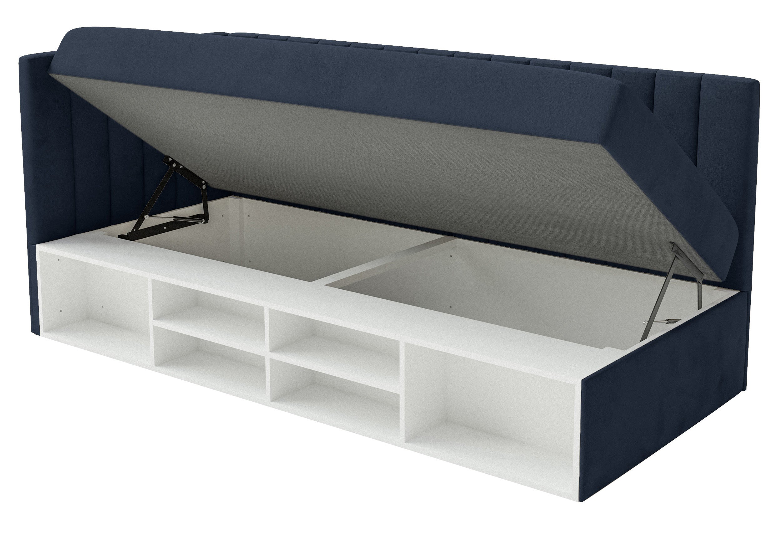 Łóżko młodzieżowe 90x200 cm Ventrio lewostronne z pojemnikiem i półkami granatowe welur hydrofobowy łatwoczyszczący
