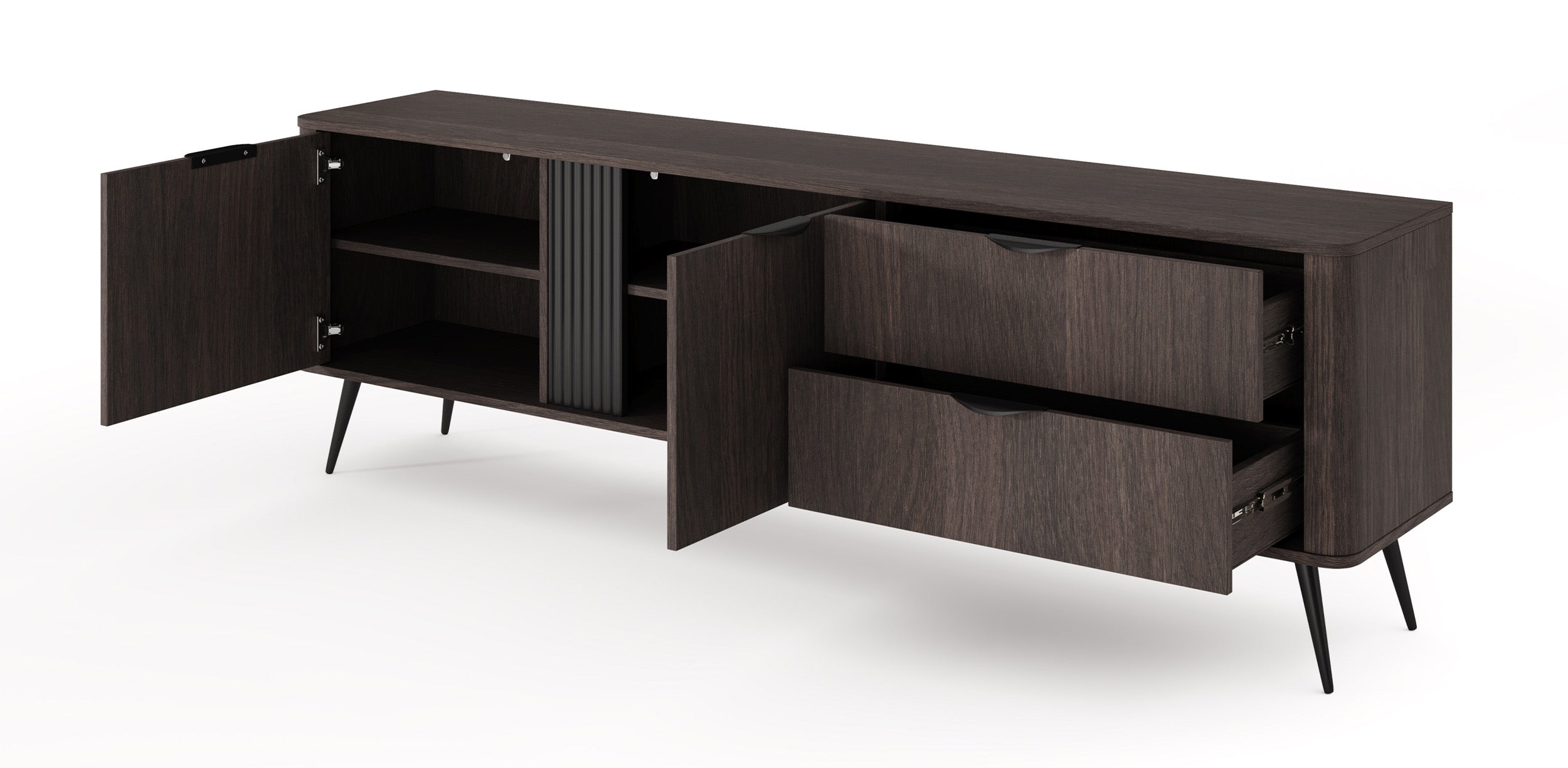 Szafka RTV dwudrzwiowa Veris z ryflami i dwiema szufladami 195 cm dąb dunin z czarnymi nóżkami