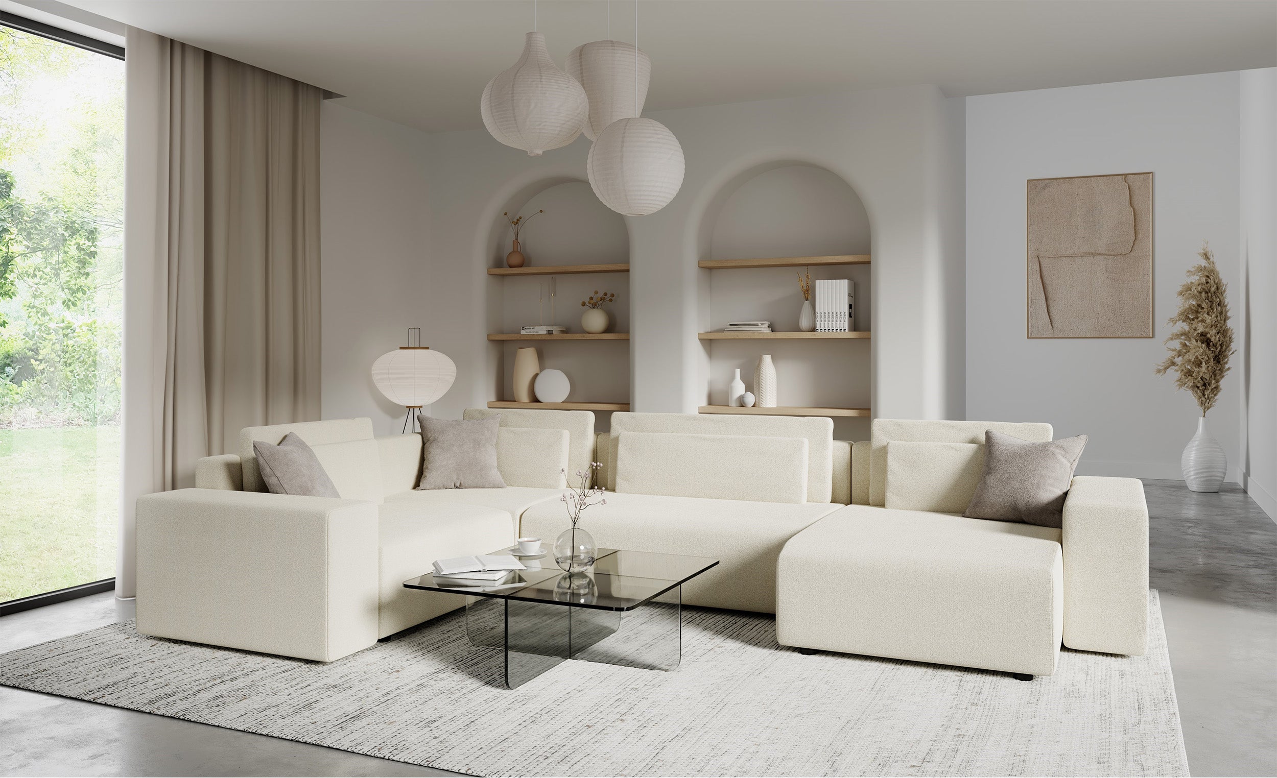 Narożnik z funkcją spania Vesna U-kształtny prawostronny z pojemnikiem jasnobeżowy plecionka