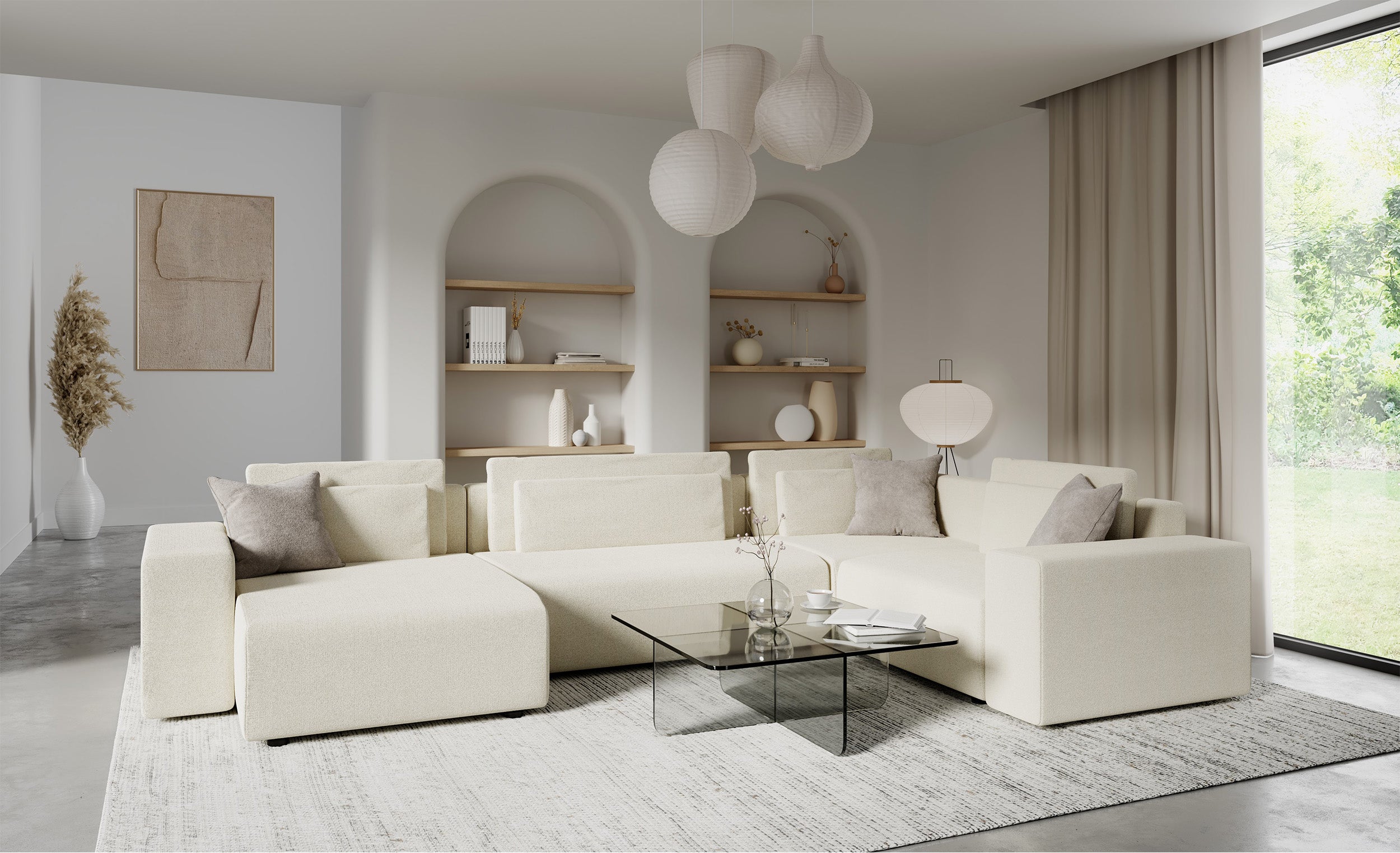 Narożnik z funkcją spania Vesna U-kształtny lewostronny z pojemnikiem jasnobeżowy plecionka