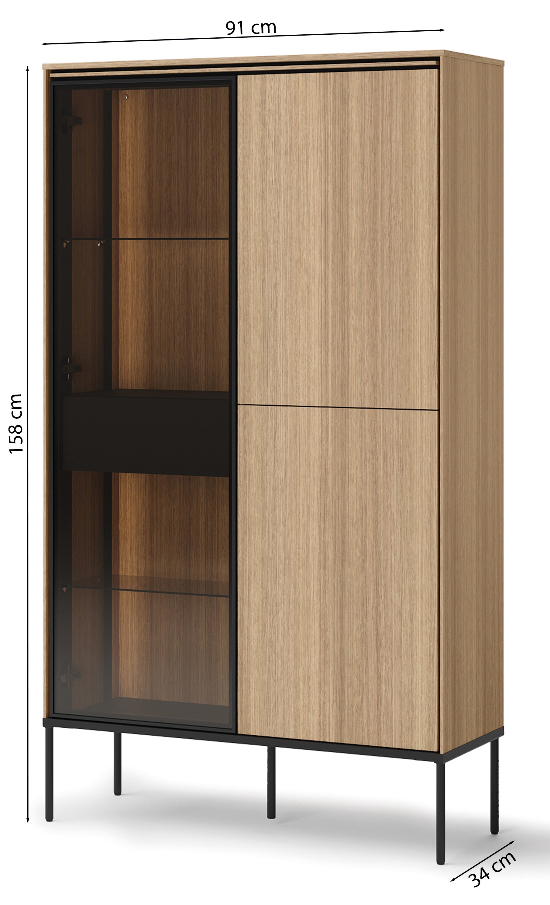 Wysoka komoda Visso trzydrzwiowa z witryną i oświetleniem 91 cm dąb linearny