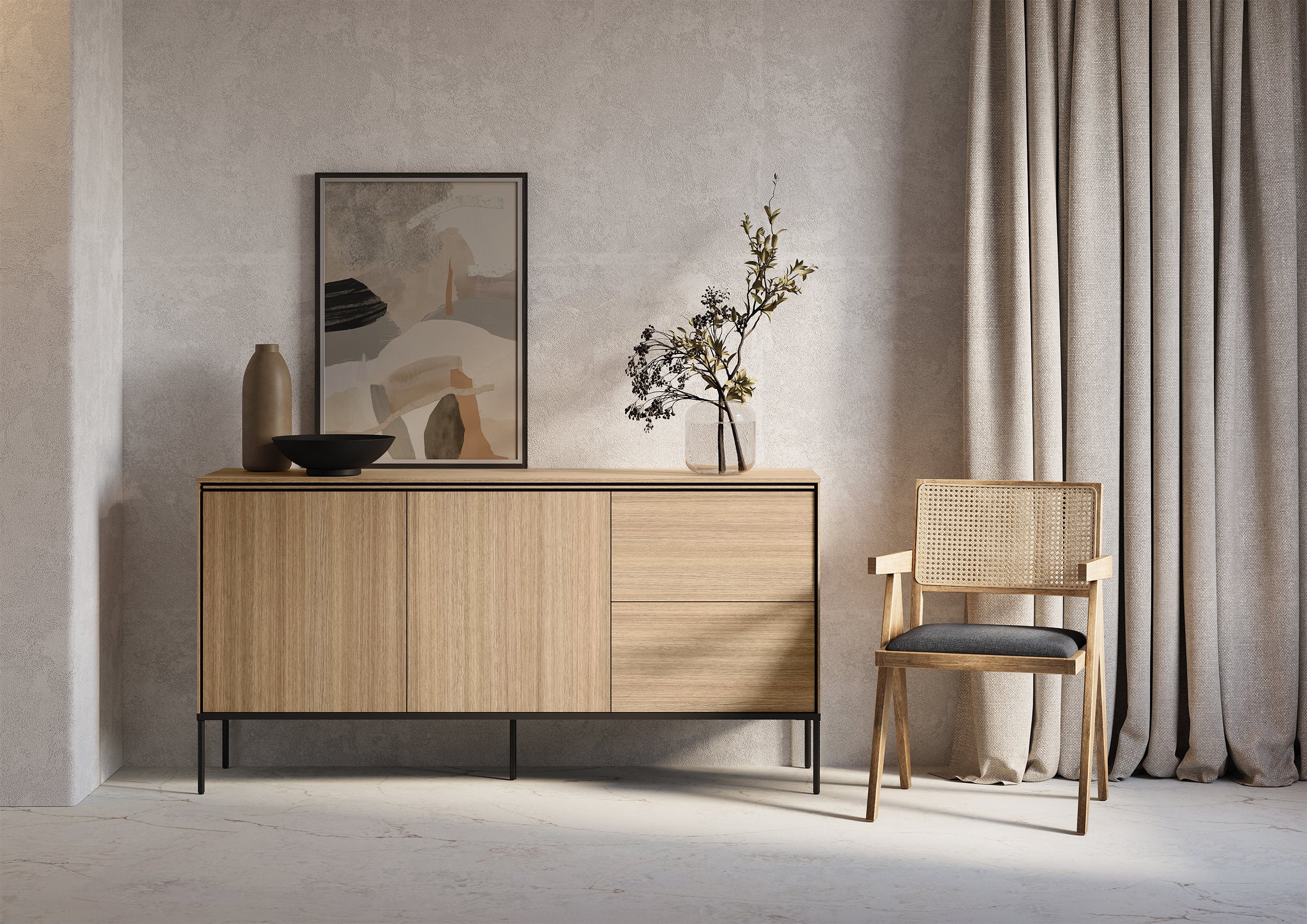 Komoda dwudrzwiowa Visso z dwiema szufladami 167 cm dąb linearny