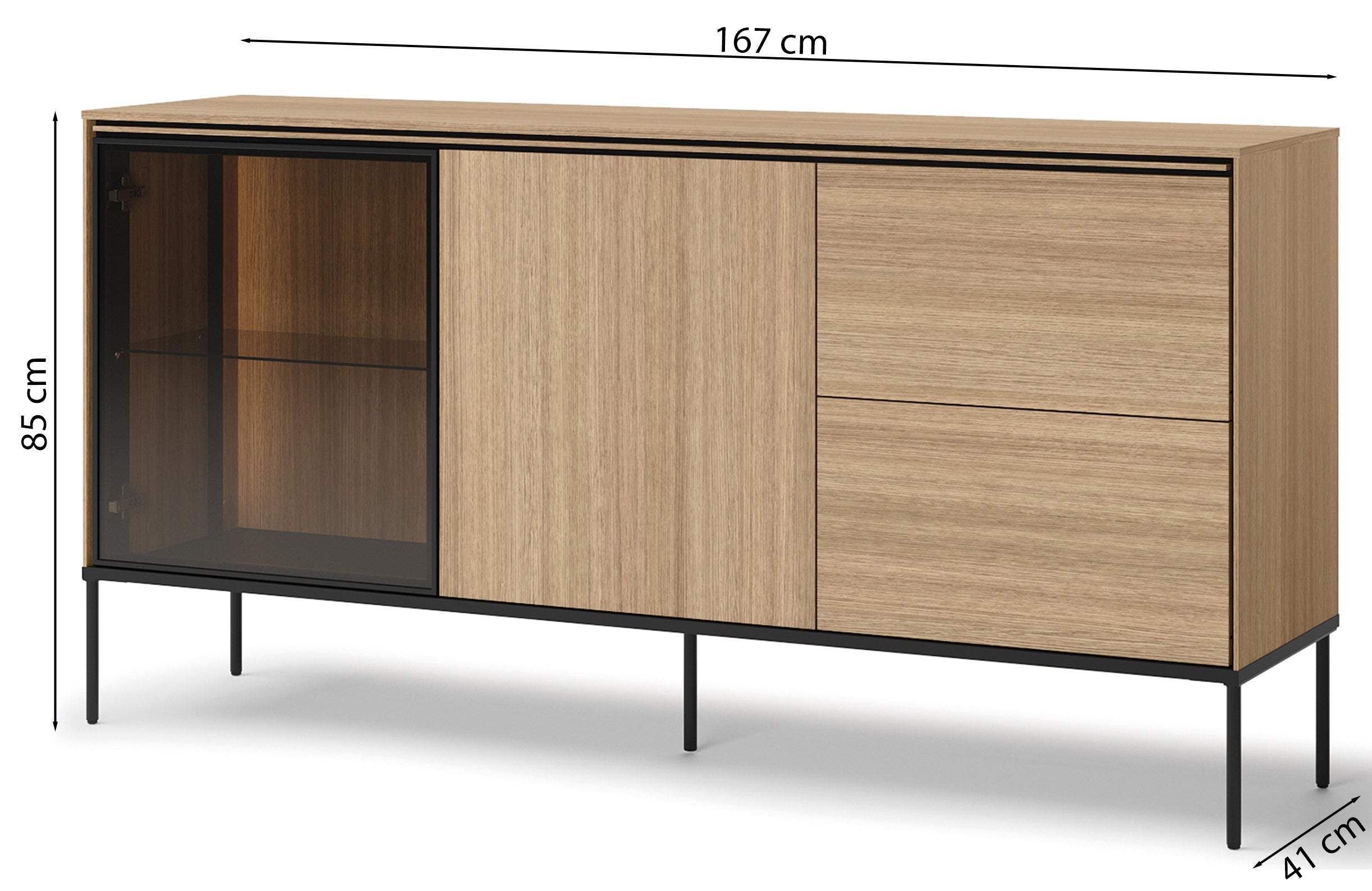Komoda dwudrzwiowa Visso z witryną i oświetleniem 167 cm dąb linearny
