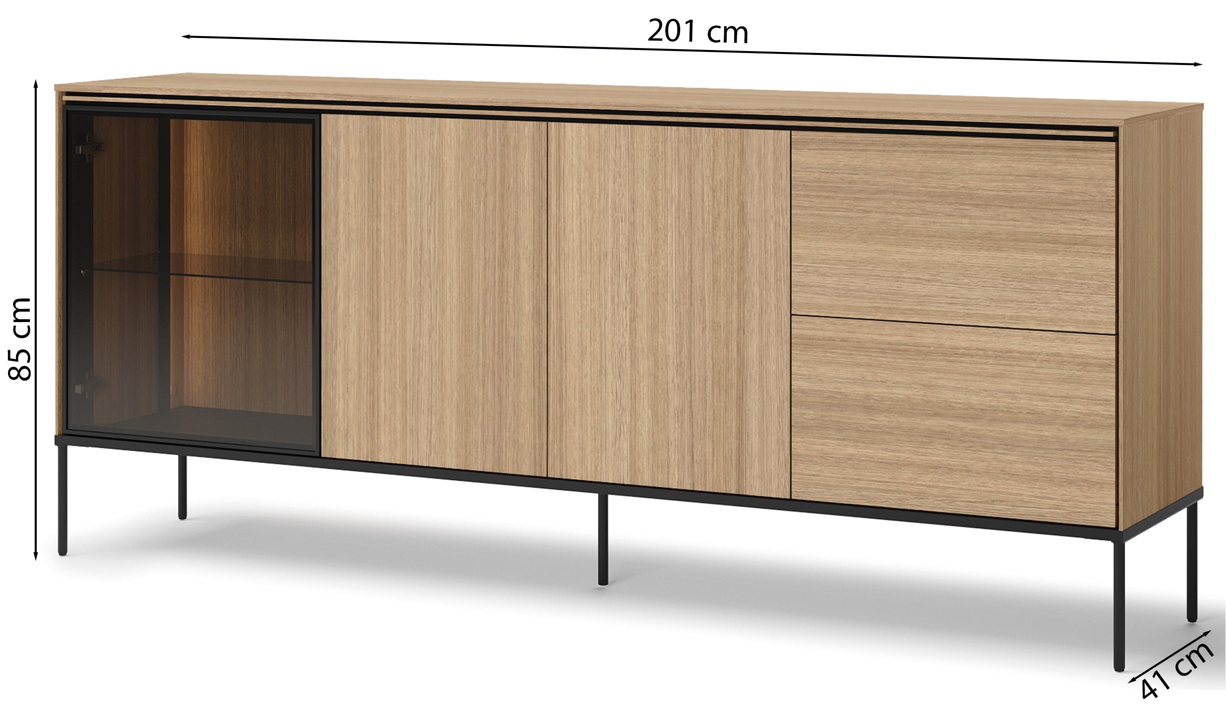 Komoda trzydrzwiowa Visso z witryną i oświetleniem 201 cm dąb linearny