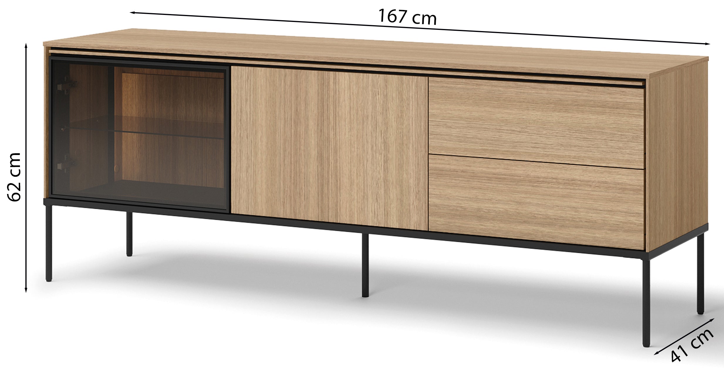Szafka RTV Visso dwudrzwiowa z witryną i oświetleniem 167 cm dąb linearny