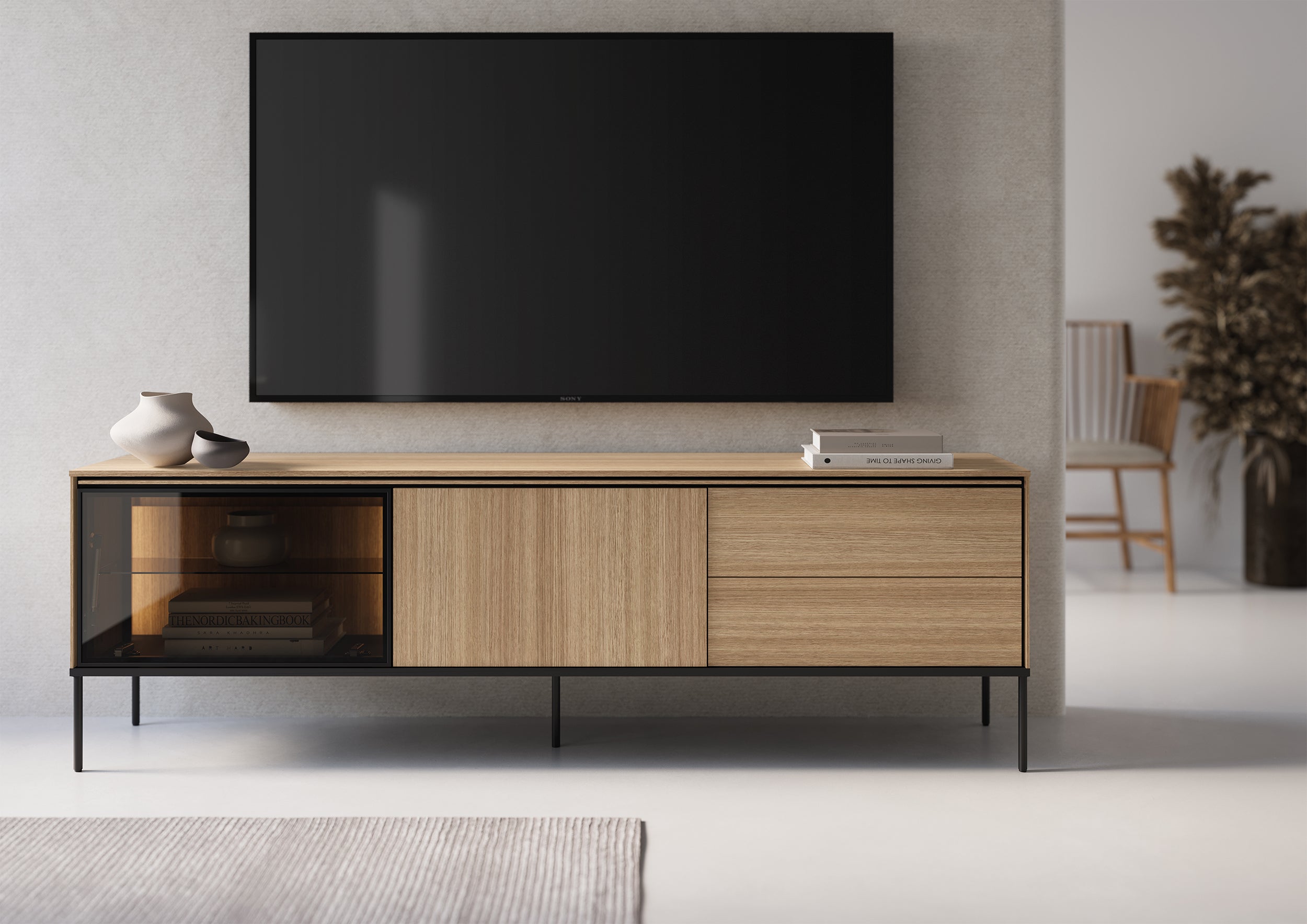 Szafka RTV Visso z witryną i oświetleniem 197 cm dąb linearny