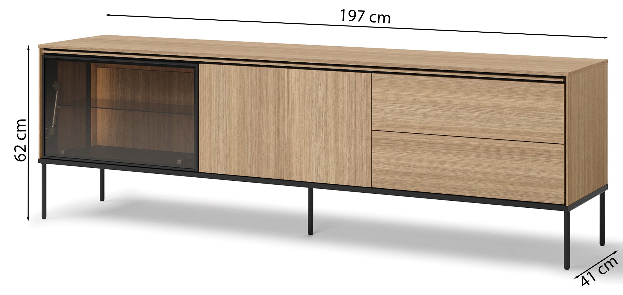 Szafka RTV Visso z witryną i oświetleniem 197 cm dąb linearny