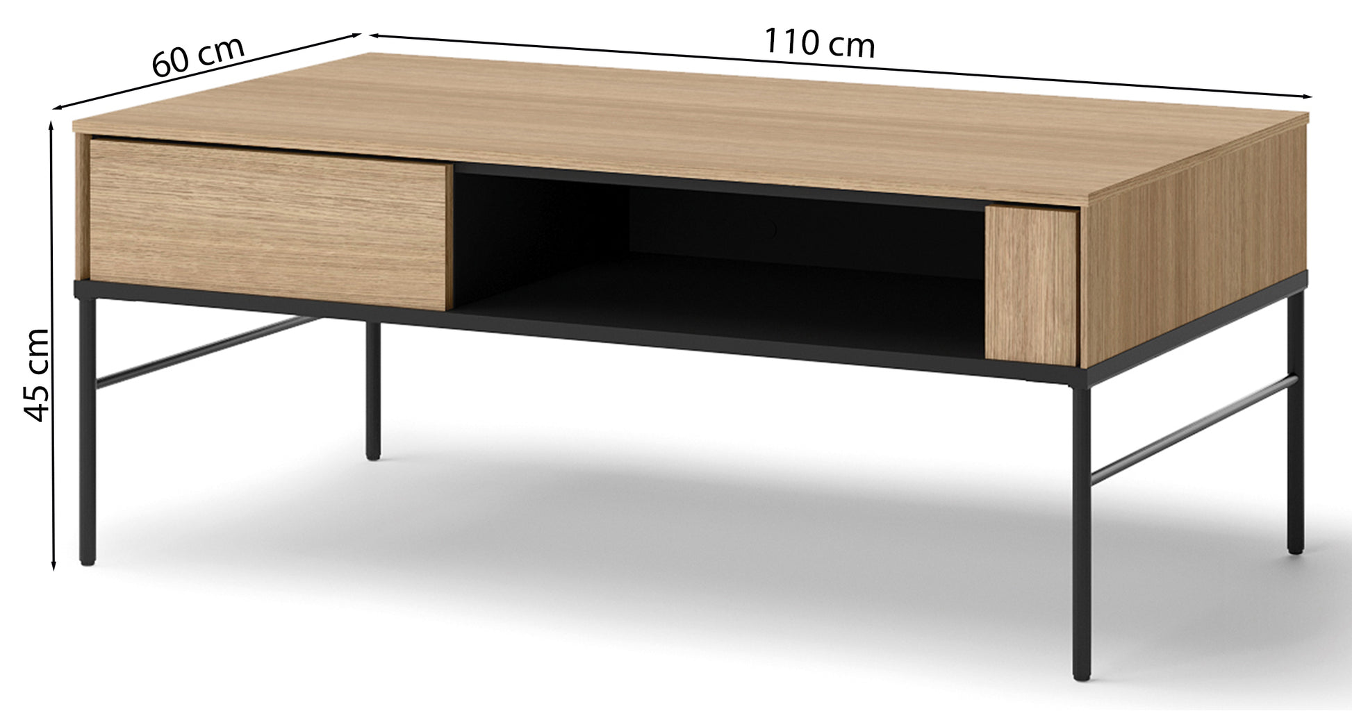 Stolik kawowy Visso z wnęką 110x60 cm dąb linearny – wymiary i schemat
