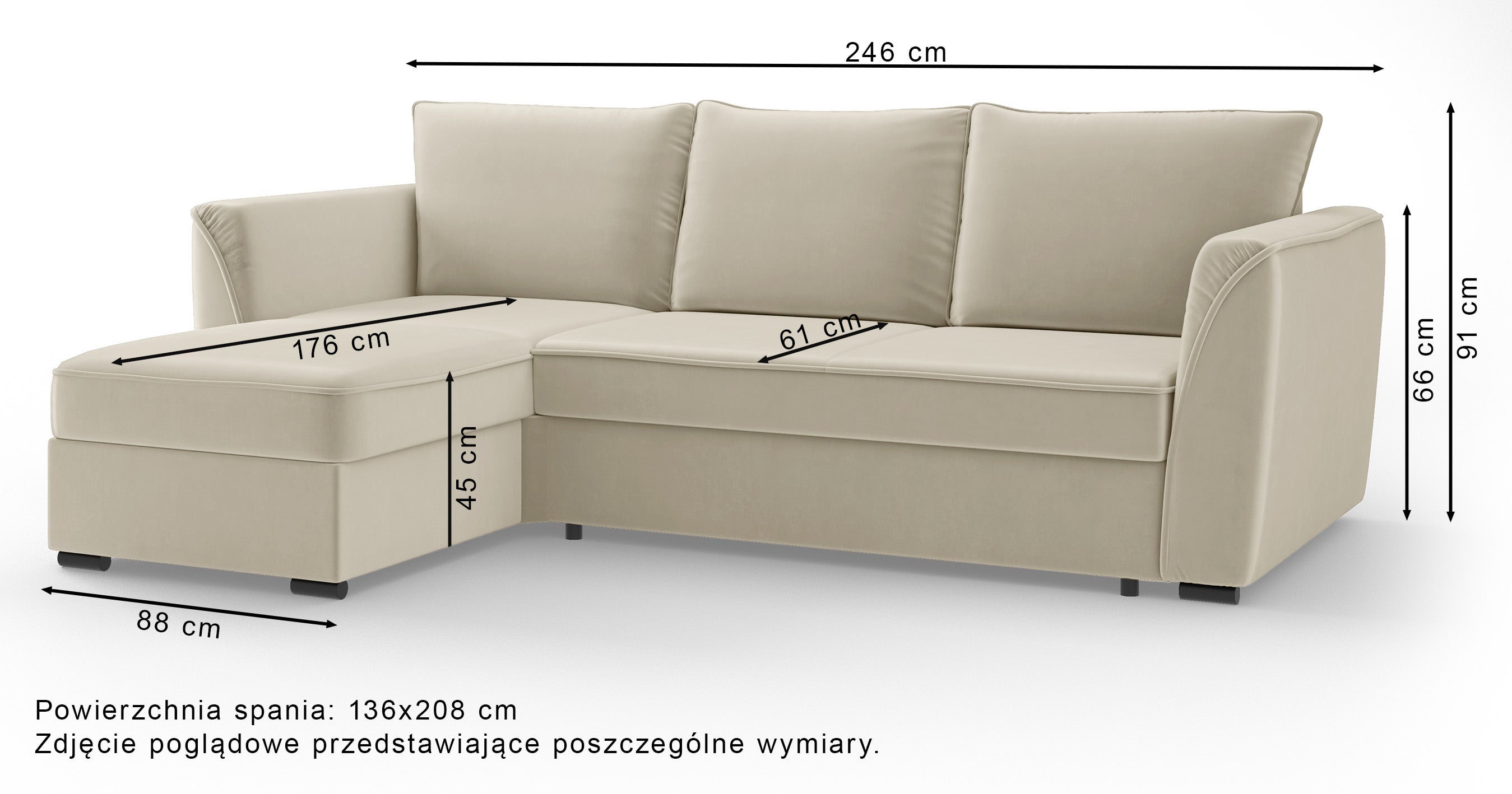 Narożnik z funkcją spania Viki L-kształtny prawostronny z pojemnikiem czarny welur