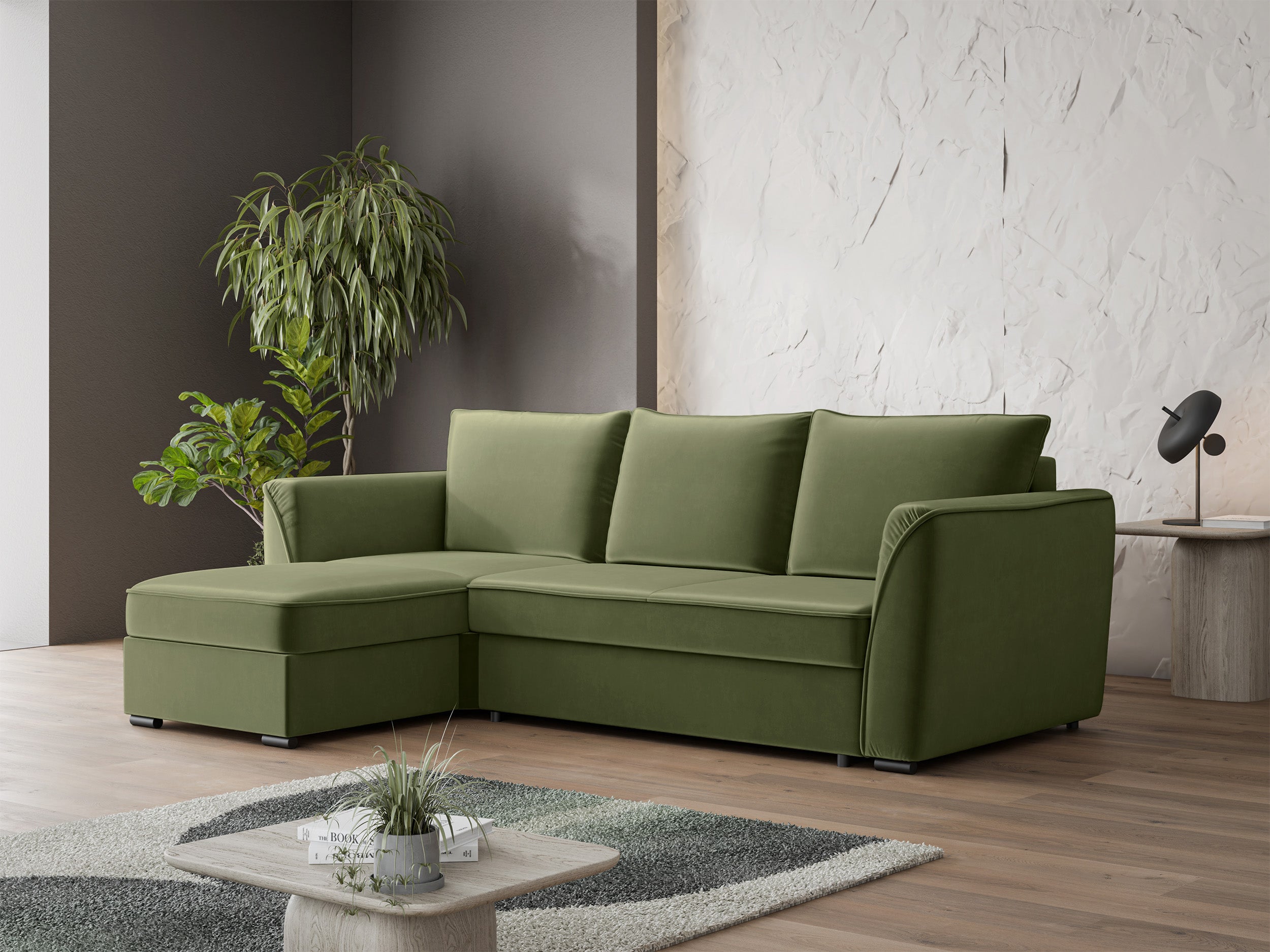 Narożnik z funkcją spania Viki L-kształtny lewostronny z pojemnikiem oliwkowy welur