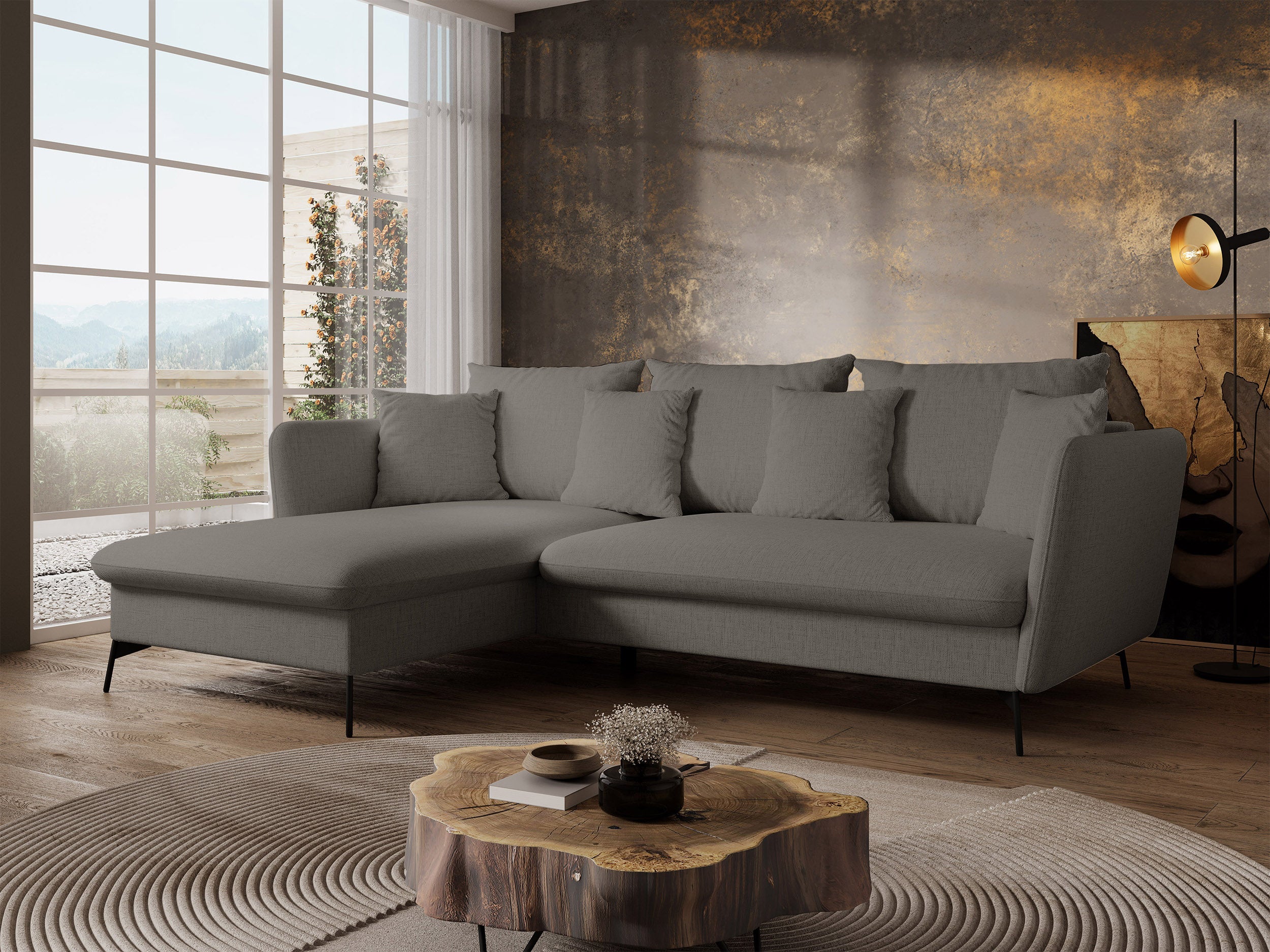 Narożnik z funkcją spania Castilio L-kształtny z pojemnikiem ciemnoszary szenil hydrofobowy lewostronny