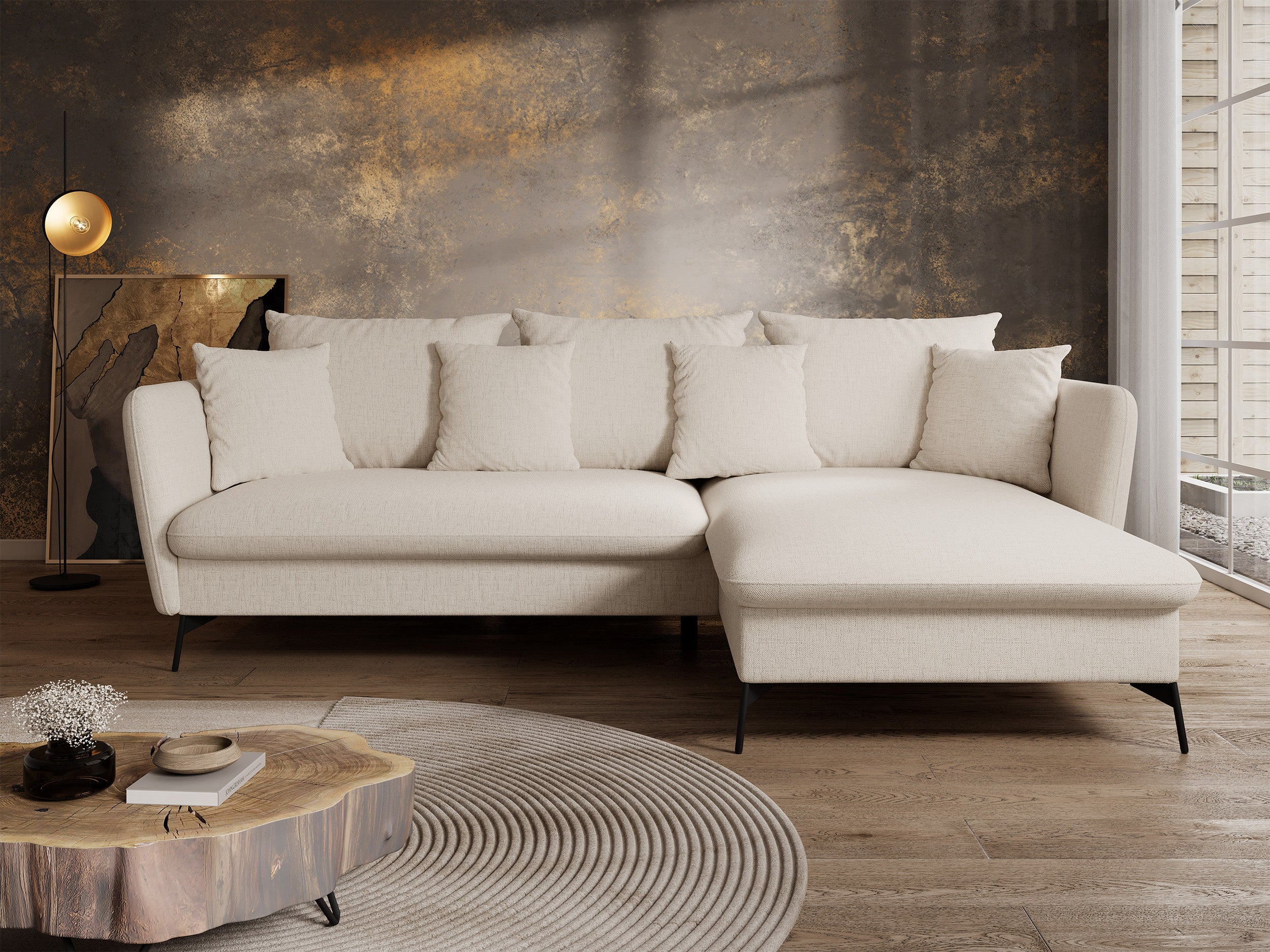 Narożnik z funkcją spania Castilio L-kształtny z pojemnikiem jasnobeżowy szenil hydrofobowy prawostronny