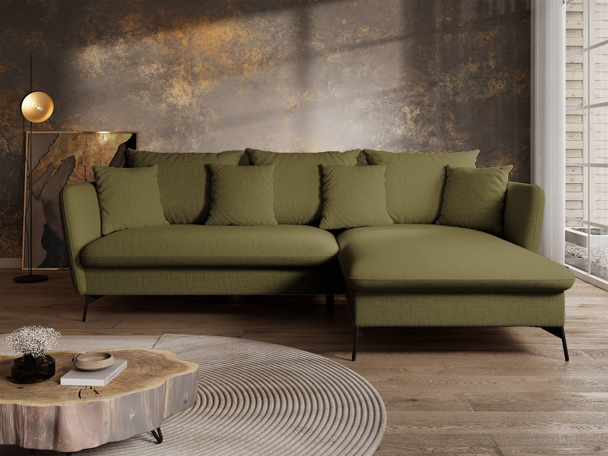 Narożnik z funkcją spania Castilio L-kształtny z pojemnikiem oliwkowy szenil hydrofobowy prawostronny