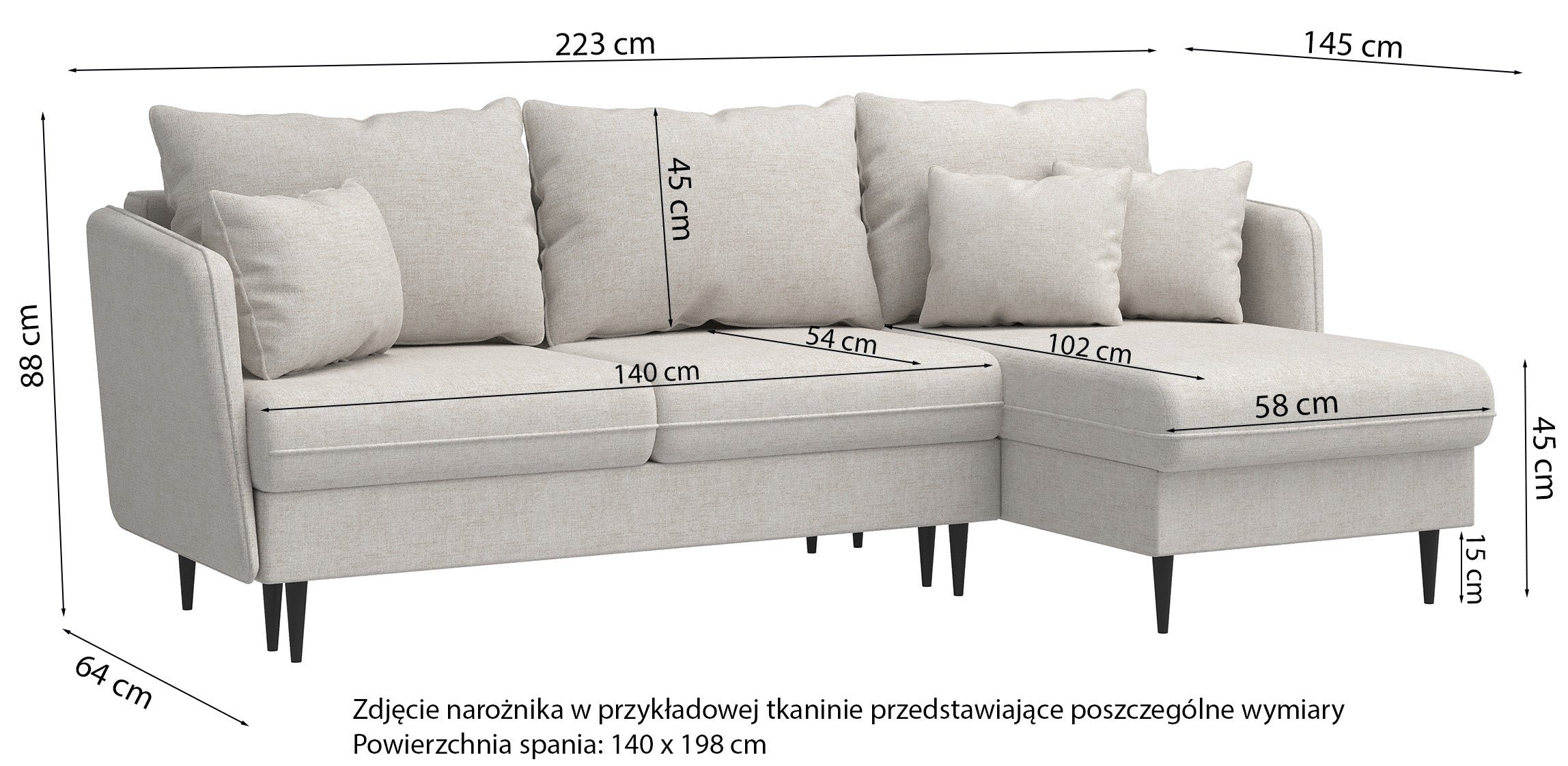 Narożnik z funkcją spania Volio L-kształtny miedziany szenil nogi czarne