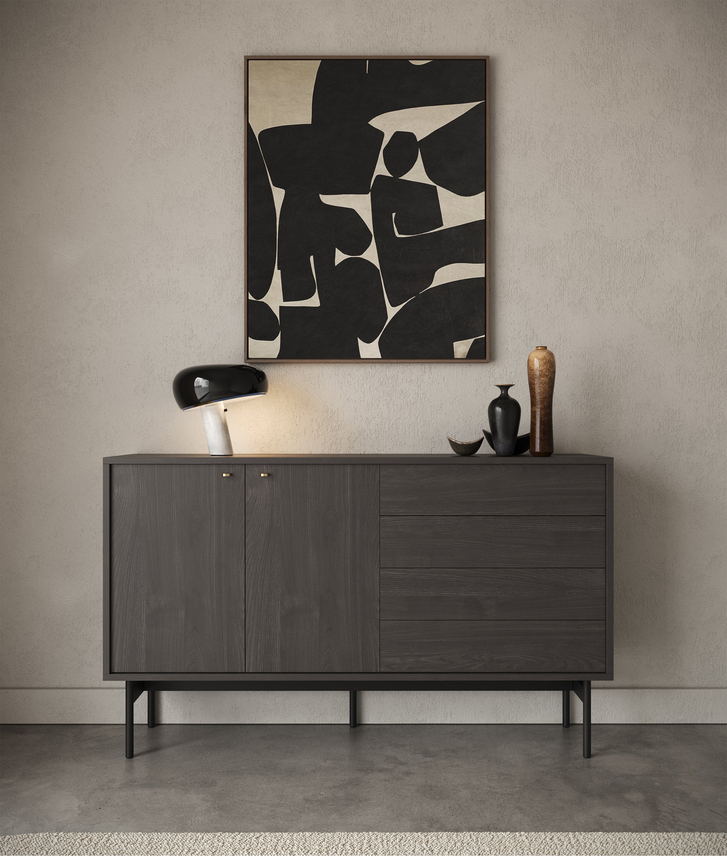 Komoda dwudrzwiowa Olar z czterema szufladami 154 cm Jesion Portland czarny
