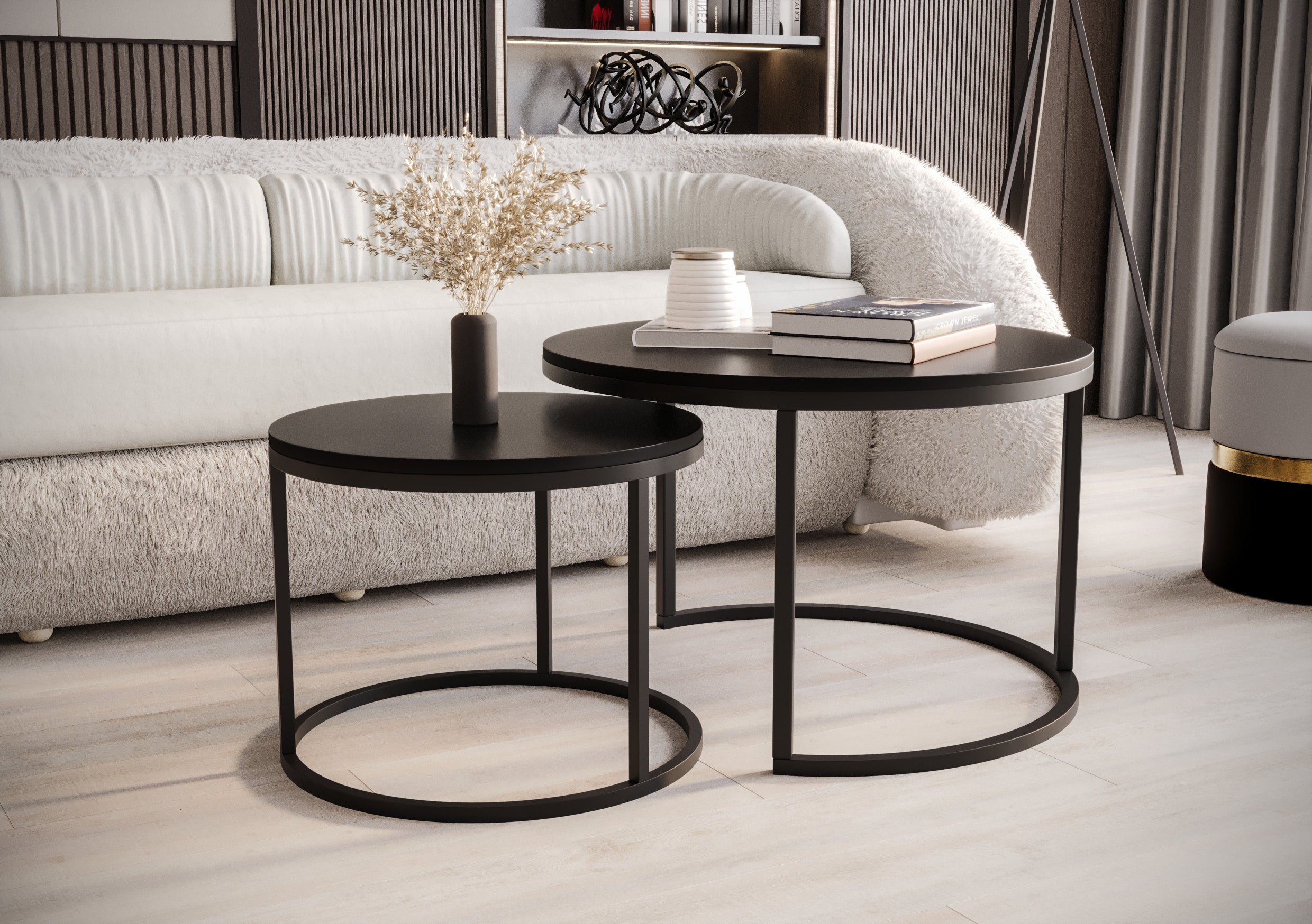 Zestaw dwóch stolików kawowych Sabello okrągłe 70 i 50 cm czarny mat