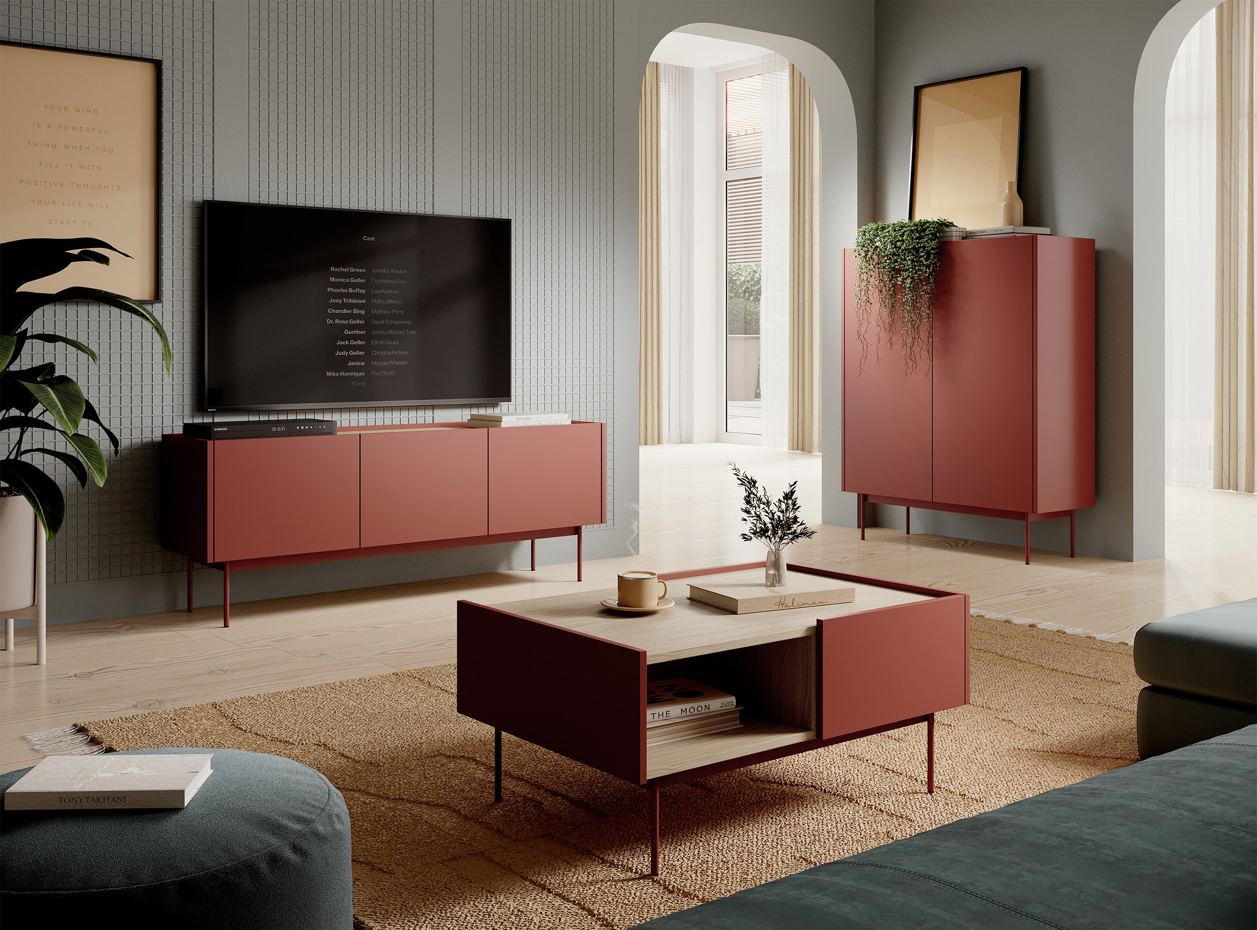 Komoda wysoka Color 97 cm dwudrzwiowa Ceglasta / Dąb Linea