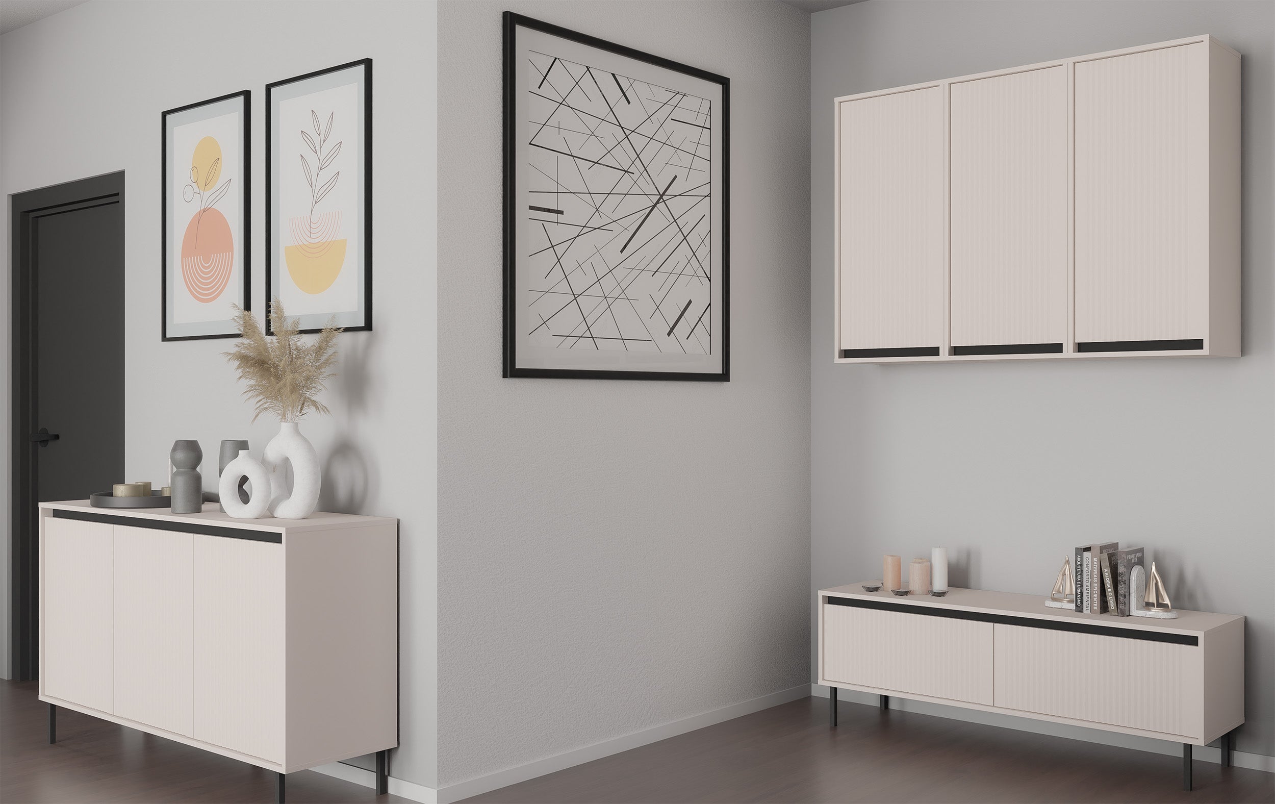 Komoda trzydrzwiowa Osaka z ryflowanymi frontami 149 cm beż piaskowy na czarnych nogach