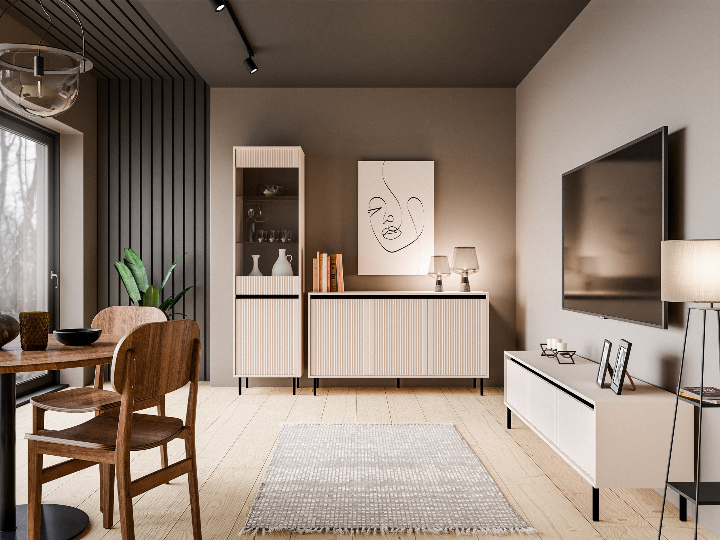 Komoda trzydrzwiowa Osaka z ryflowanymi frontami 149 cm beż piaskowy na czarnych nogach