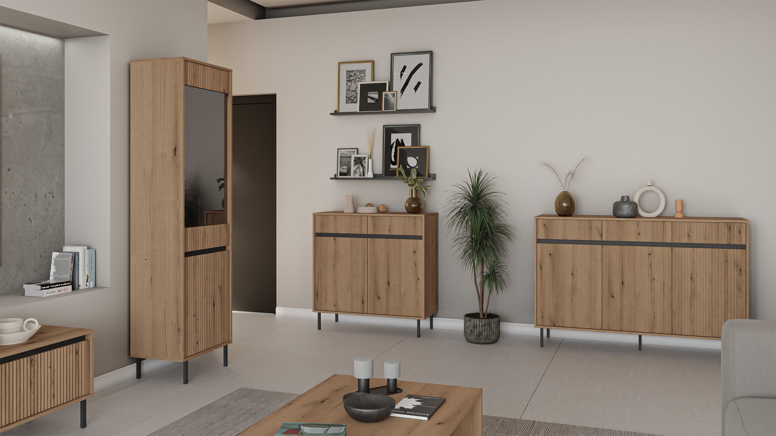 Komoda dwudrzwiowa Osaka z dwiema szufladami i ryflowanymi frontami 100 cm dąb evoke na czarnych nogach