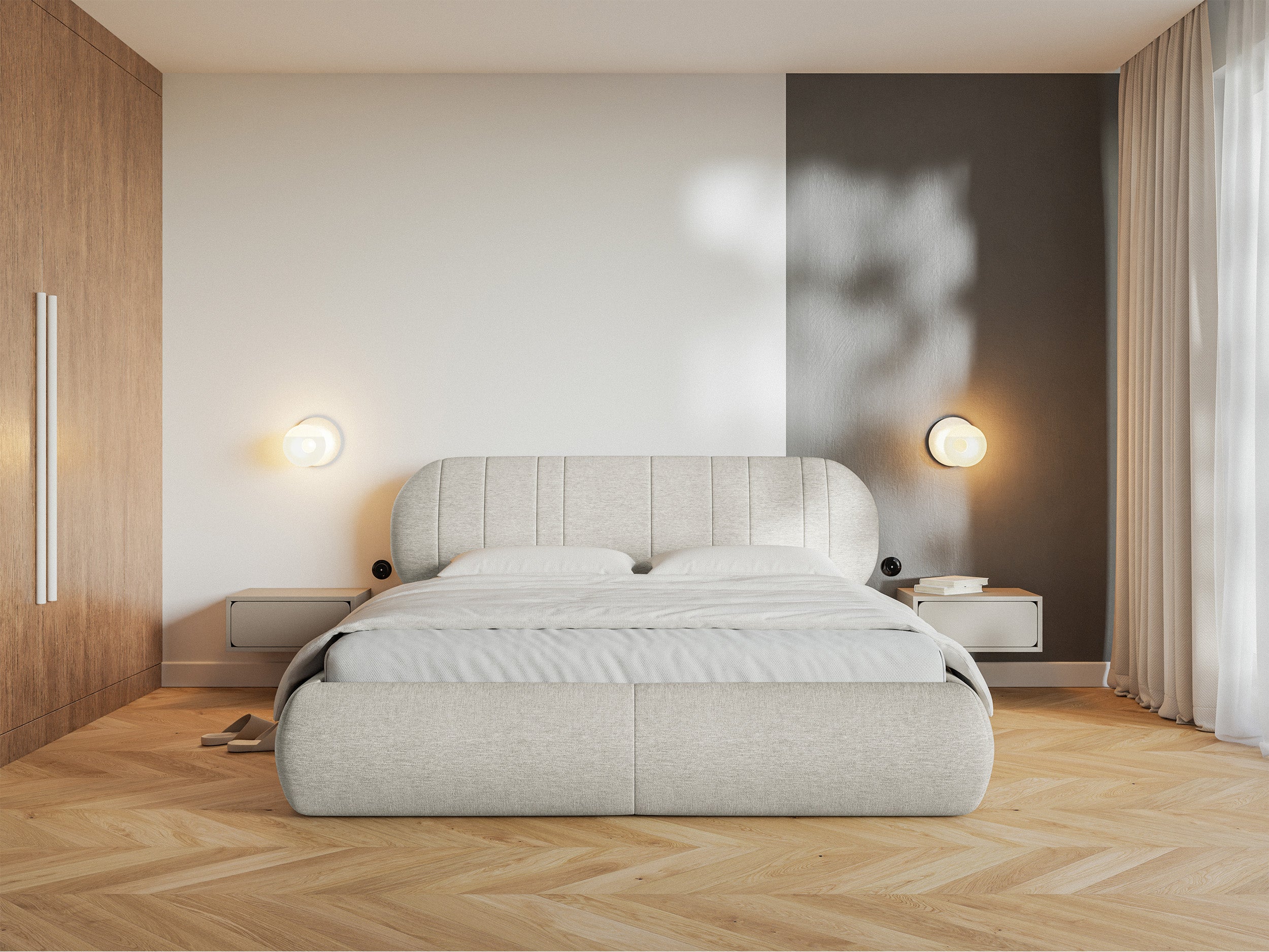 Łóżko tapicerowane 180x200 cm Asmelio z pojemnikiem stelaż metalowy kremowe plecionka