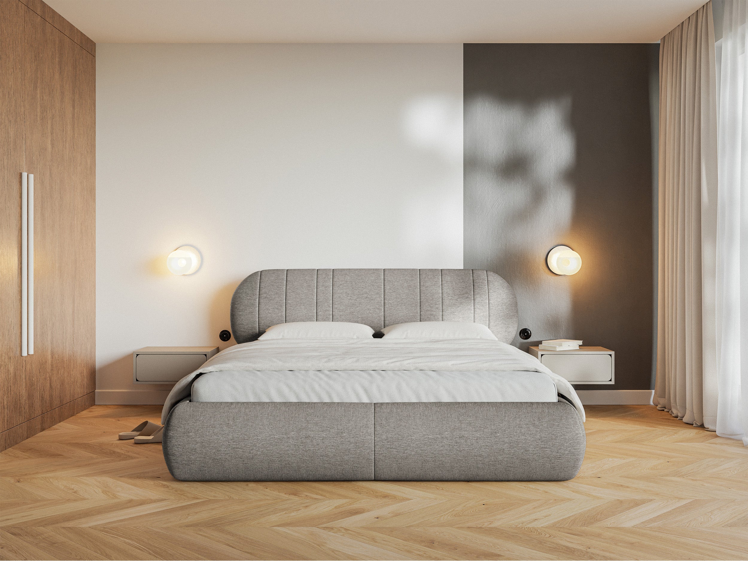 Łóżko tapicerowane 160x200 cm Asmelio szarobeżowe plecionka