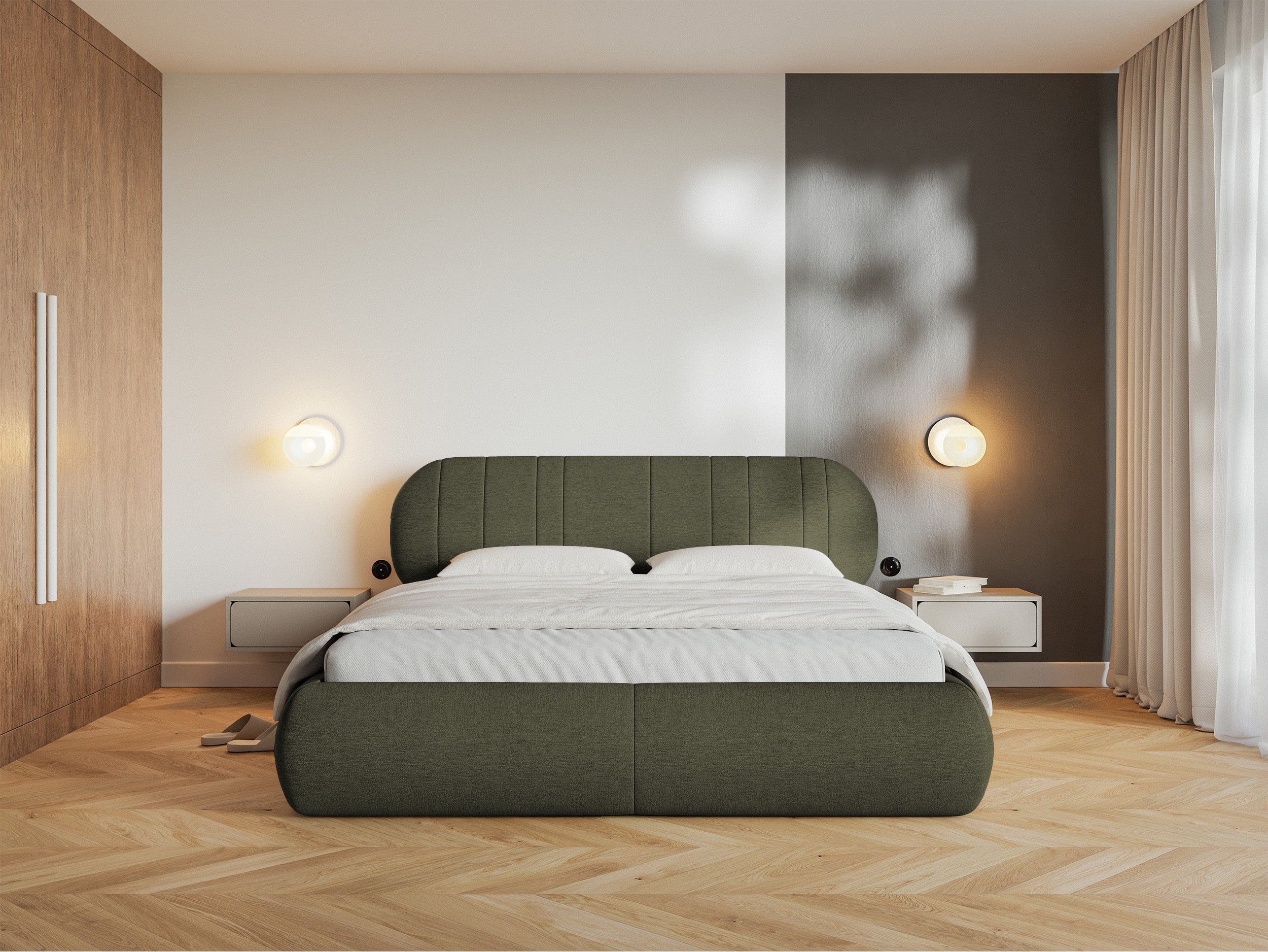 Łóżko tapicerowane 180x200 cm Asmelio z pojemnikiem stelaż metalowy khaki plecionka
