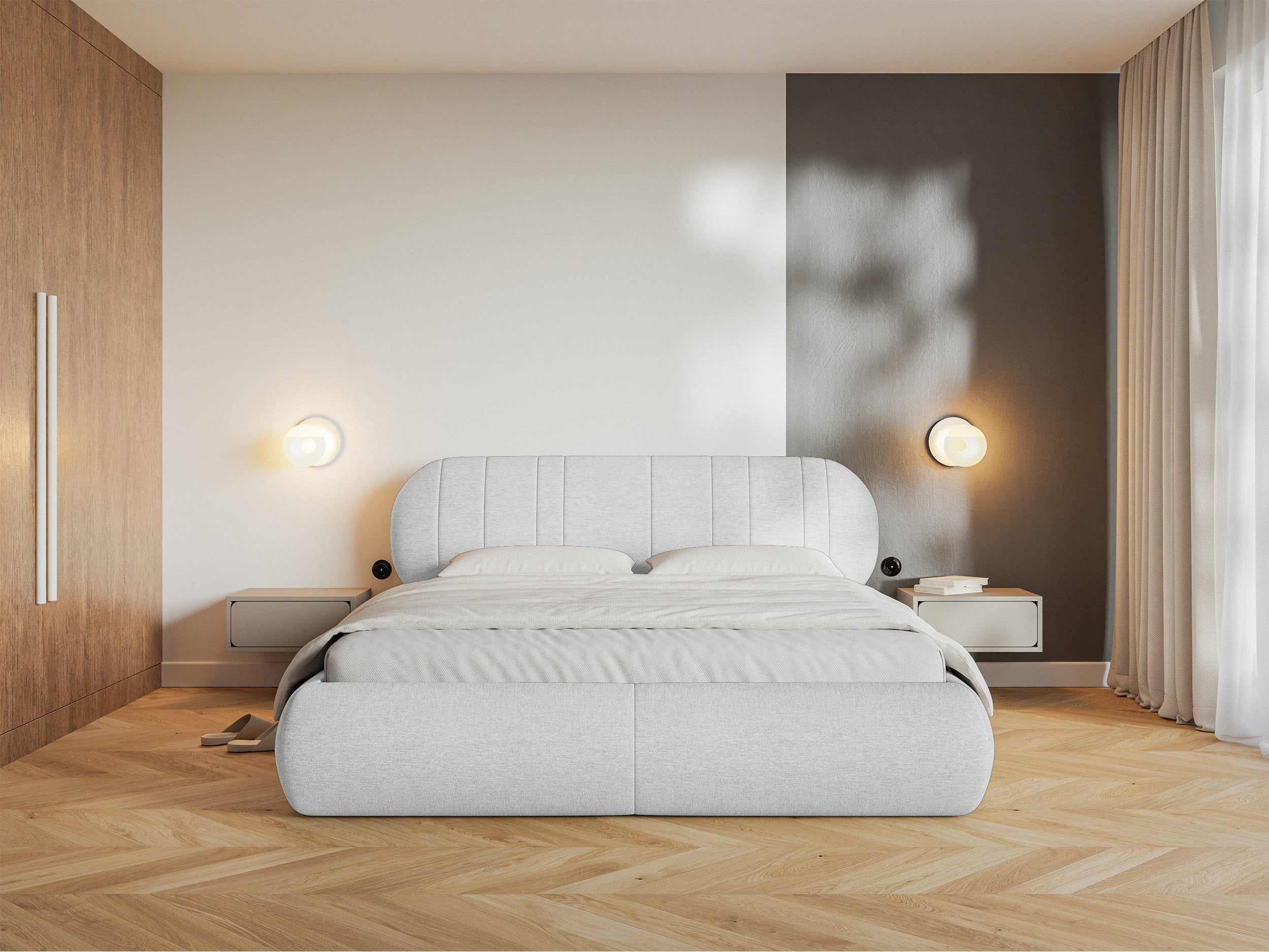 Łóżko tapicerowane 180x200 cm Asmelio jasnoszare plecionka