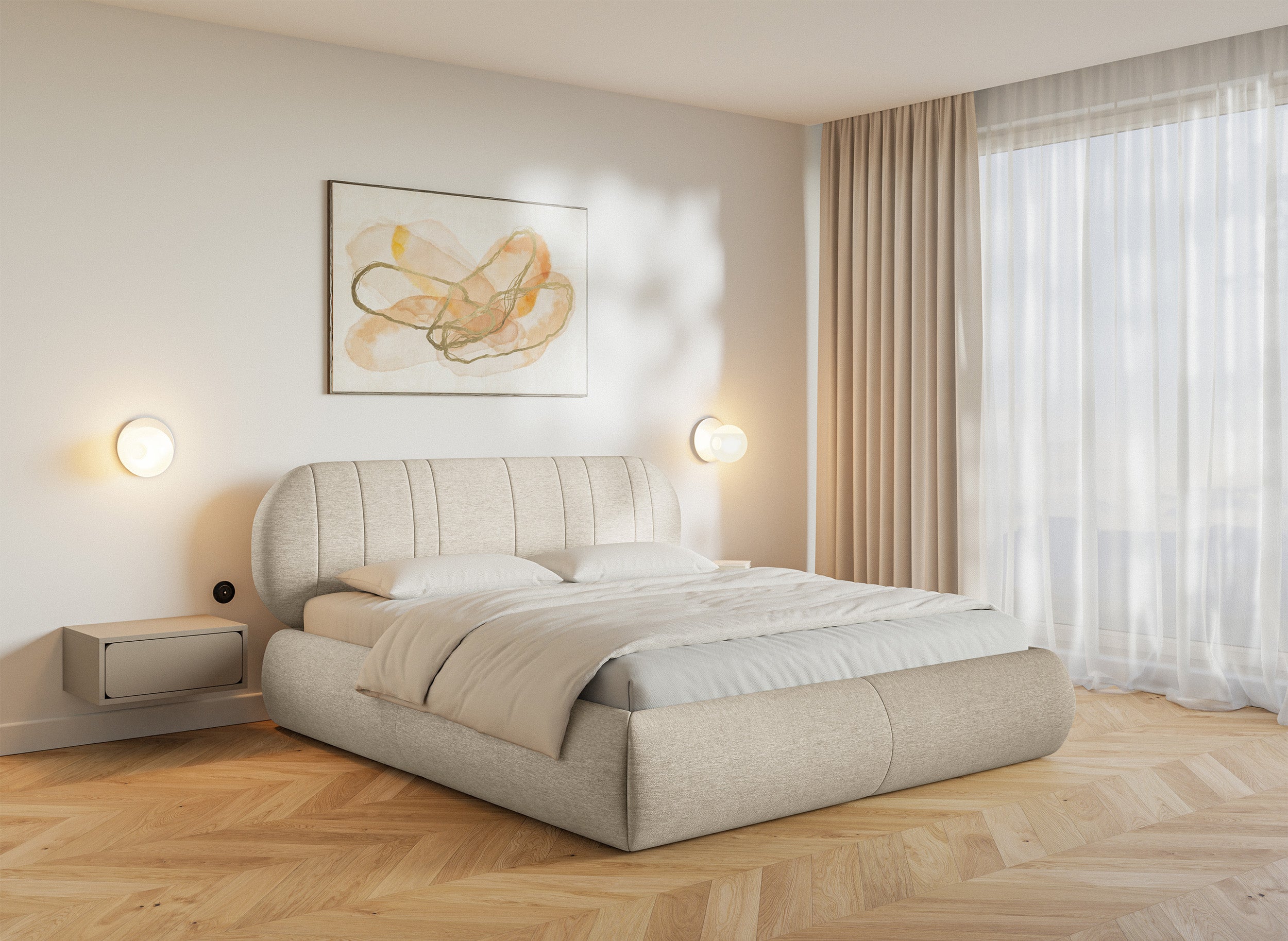 Łóżko tapicerowane 180x200 cm Asmelio beżowe plecionka