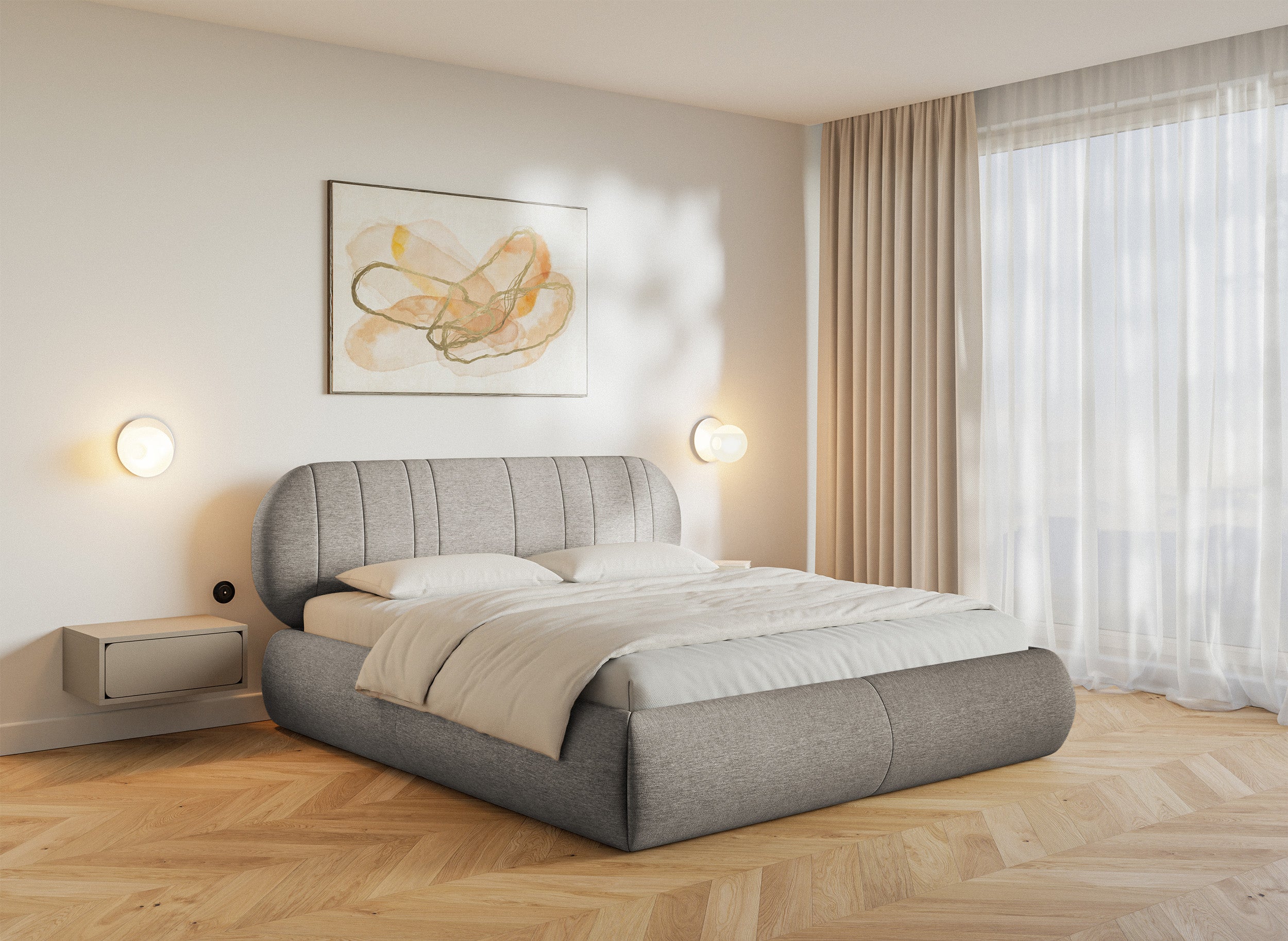 Łóżko tapicerowane 180x200 cm Asmelio szarobeżowe plecionka