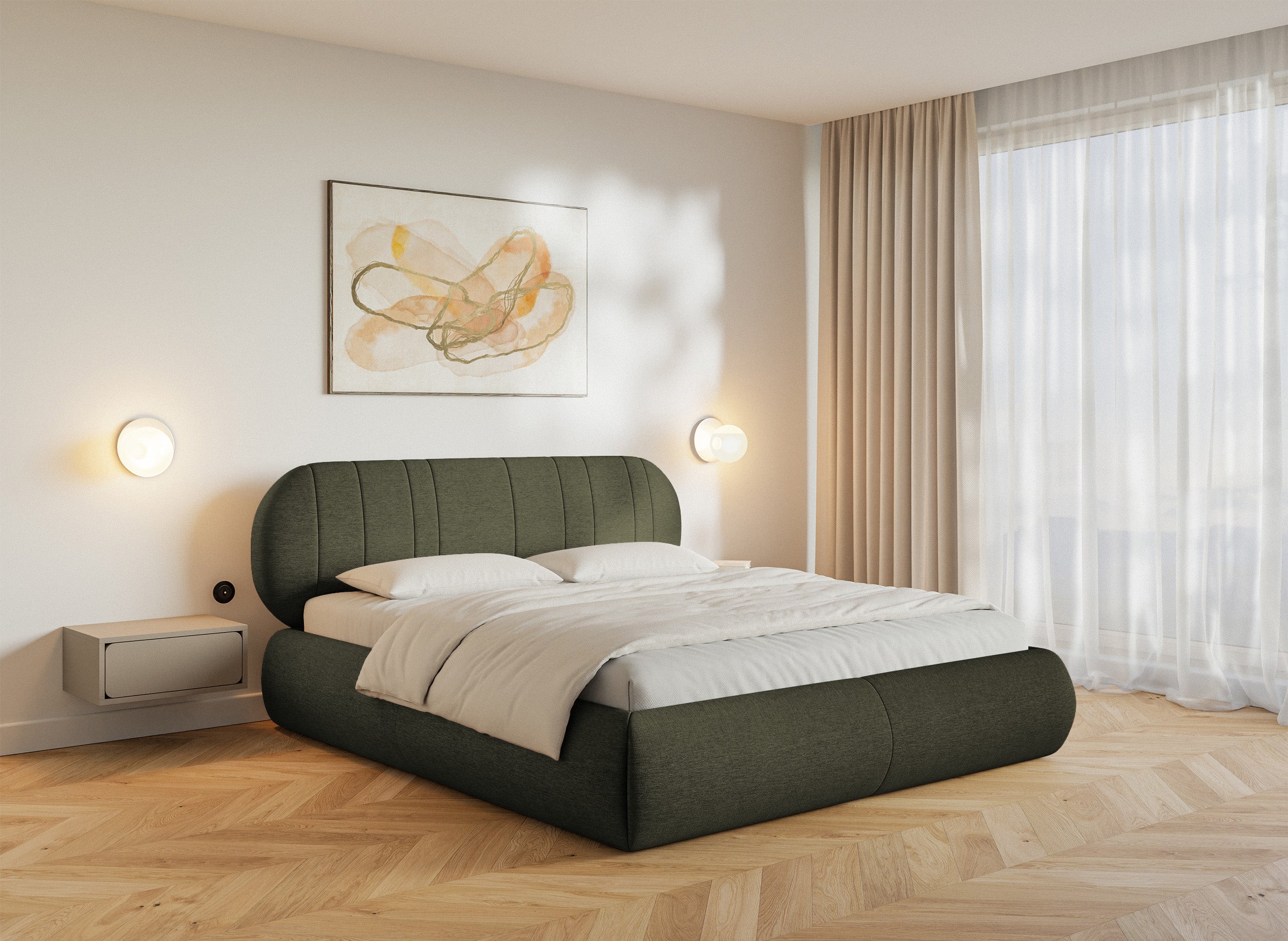 Łóżko tapicerowane 180x200 cm Asmelio z pojemnikiem stelaż metalowy khaki plecionka