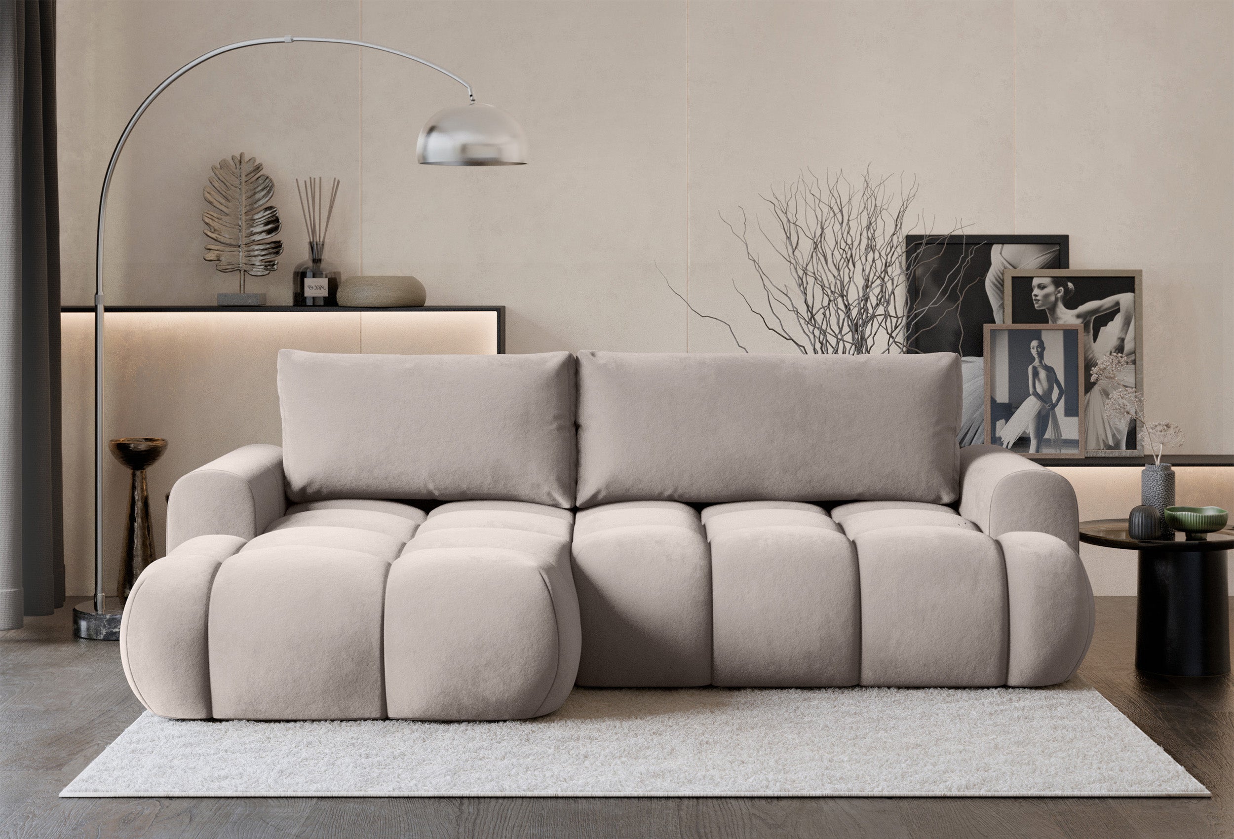 Narożnik z funkcją spania Ombo Mini L-kształtny lewostronny z pojemnikiem szarobeżowy welur hydrofobowy