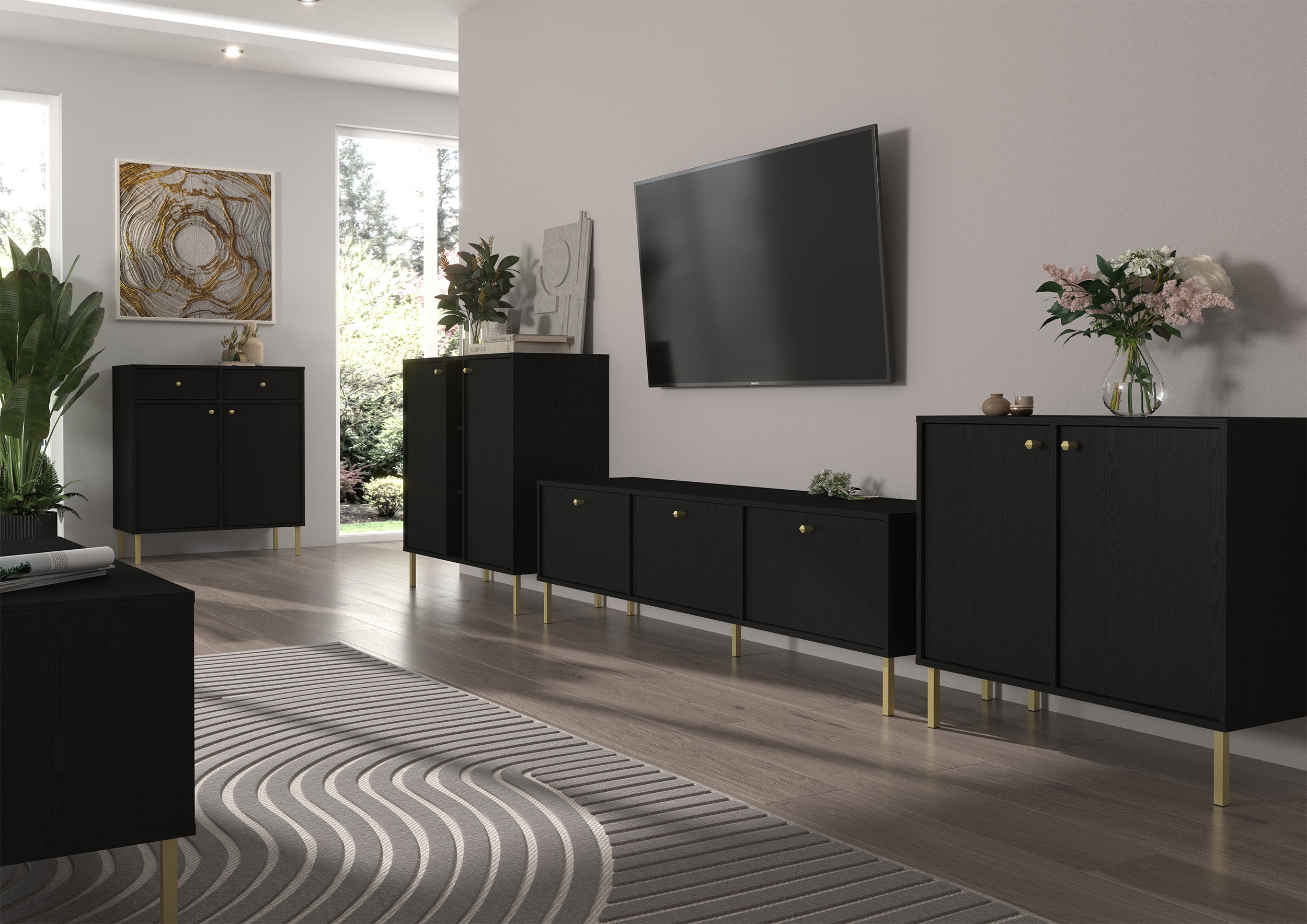 Komoda jednodrzwiowa Oktio z trzema szufladami 84 cm czarny grafit na złotych nogach