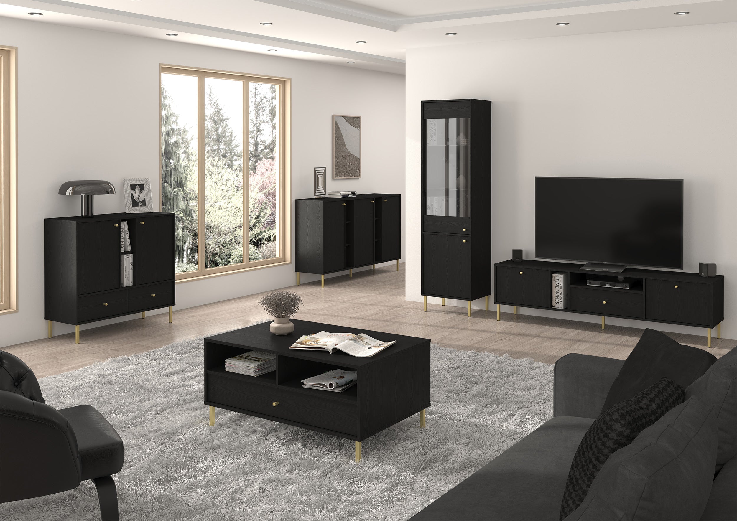 Komoda trzydrzwiowa Oktio z półkami 159 cm czarny grafit na złotych nogach