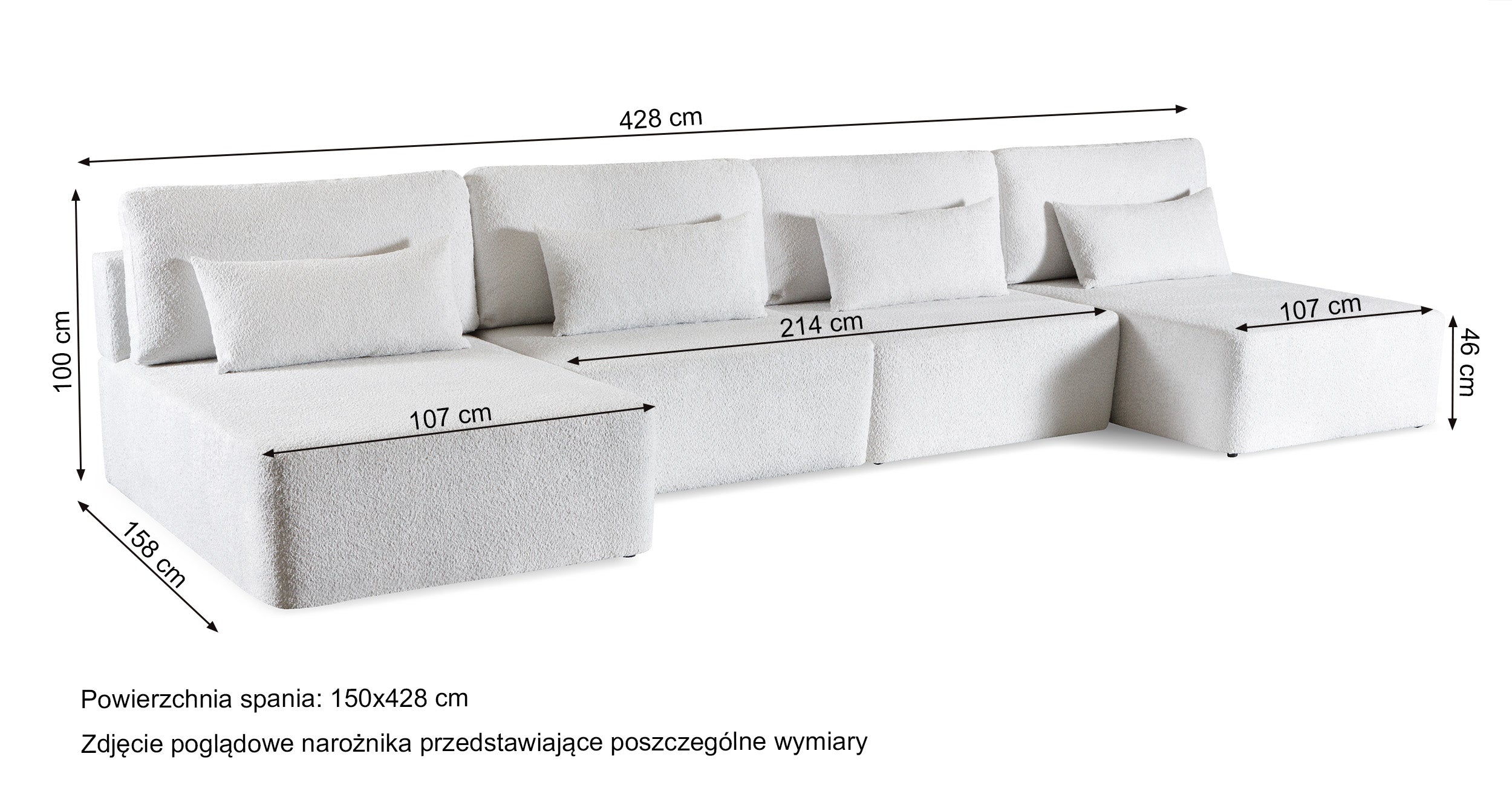 Narożnik z funkcją spania Moduliano U-kształtny duży z pojemnikiem uniwersalny szary boucle