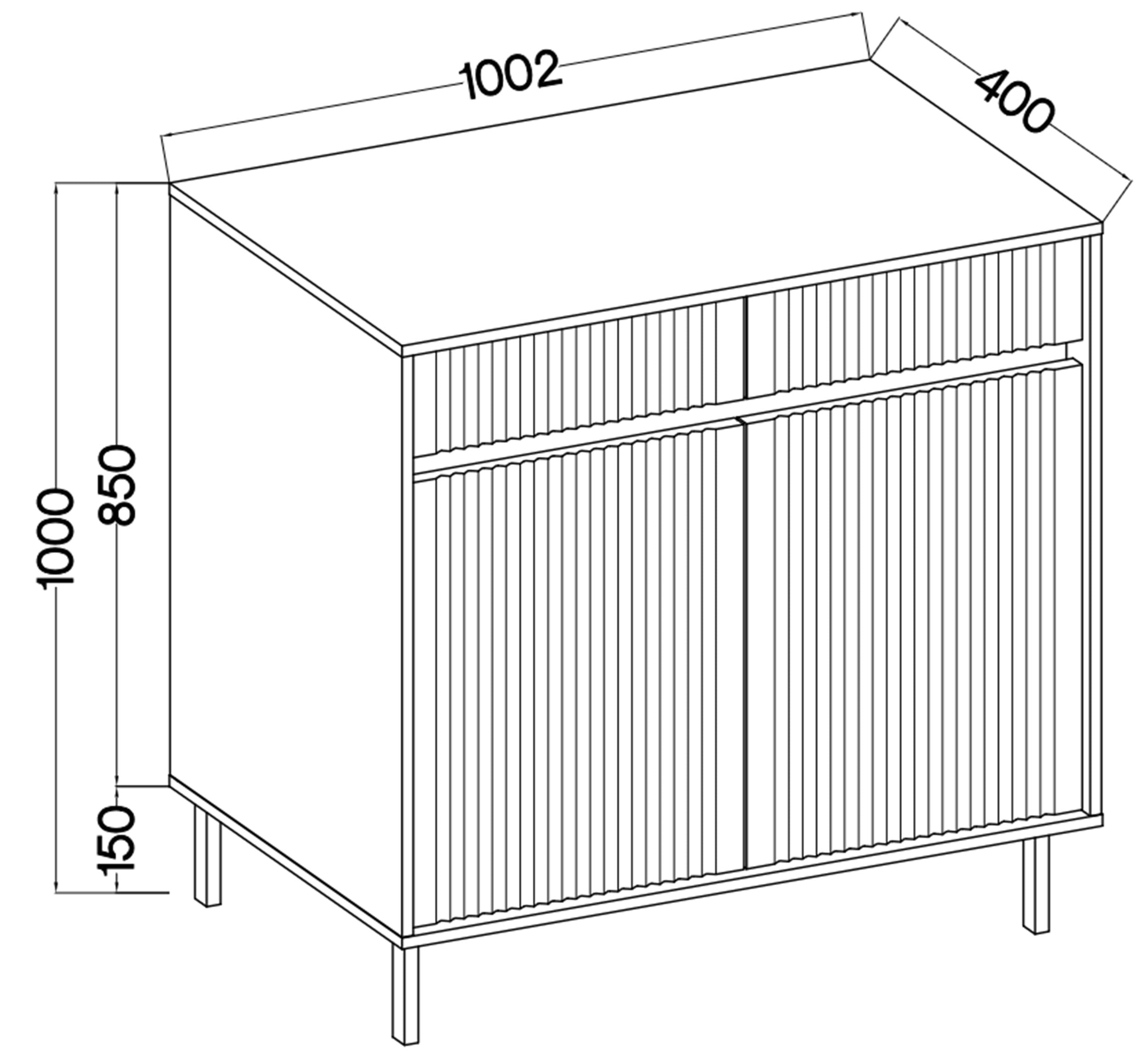 Komoda dwudrzwiowa Osaka z dwiema szufladami i ryflowanymi frontami 100 cm dąb evoke na czarnych nogach