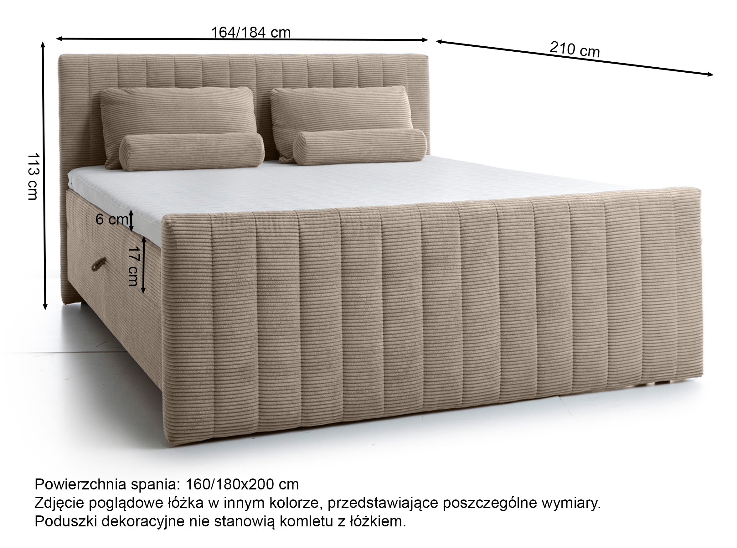 Łóżko kontynentalne Lullabino 180x200 cm z pojemnikami i topperem jasnoróżowe sztruks