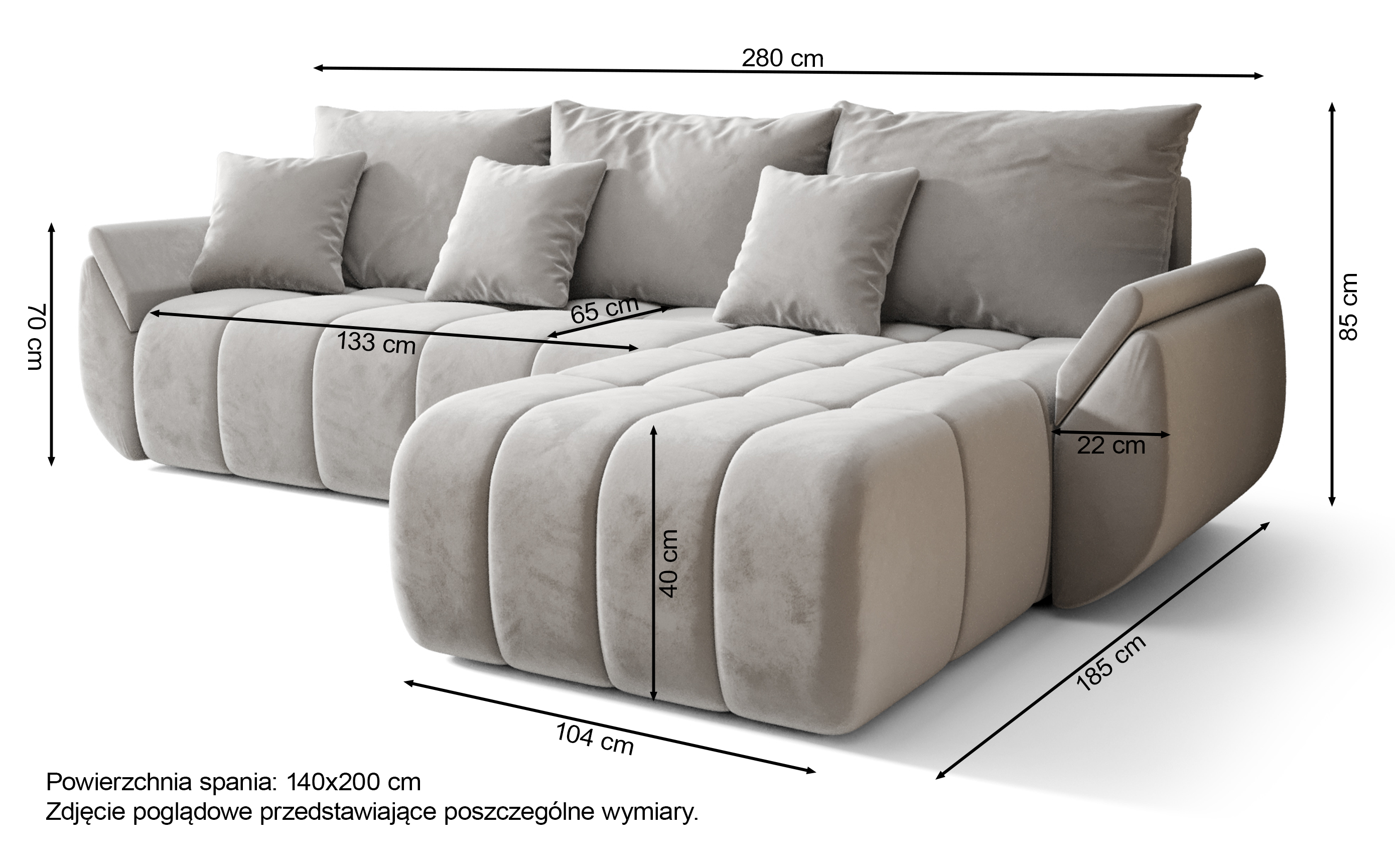 Narożnik z funkcją spania Romuldi L-kształtny prawostronny z pojemnikiem granatowy welur hydrofobowy