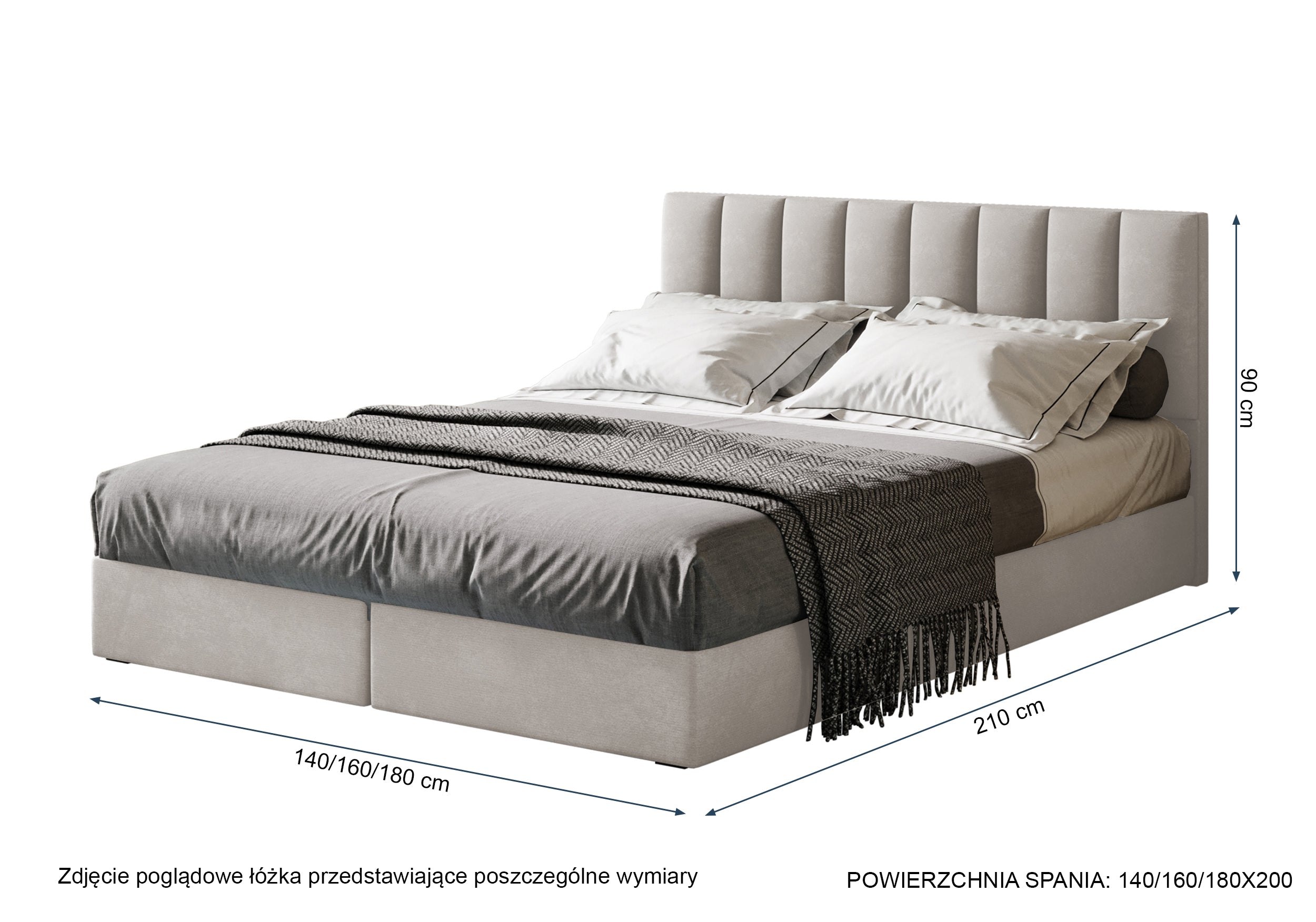 Łóżko kontynentalne 140x200 cm Dorsetto z pojemnikami i materacem bonellowym kremowe welur hydrofobowy