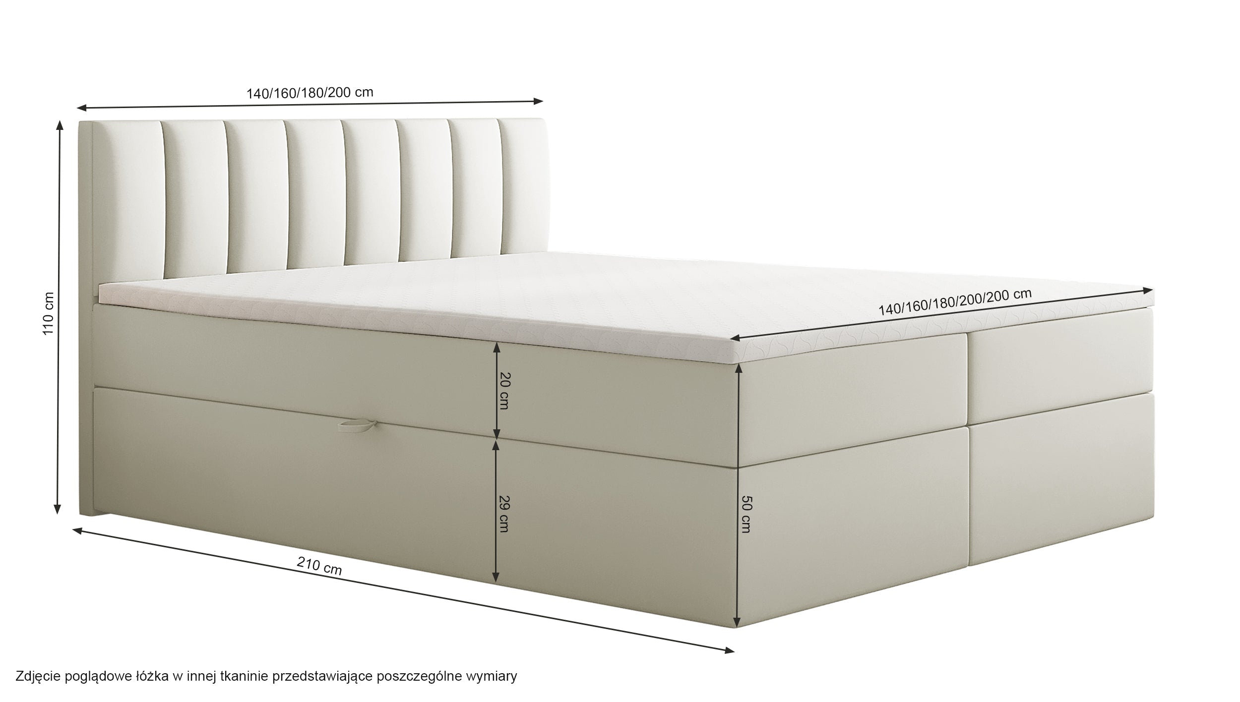 Łóżko kontynentalne 200x200 cm Carbini z pojemnikami  i materacem bonellowym czarne welur hydrofobowy