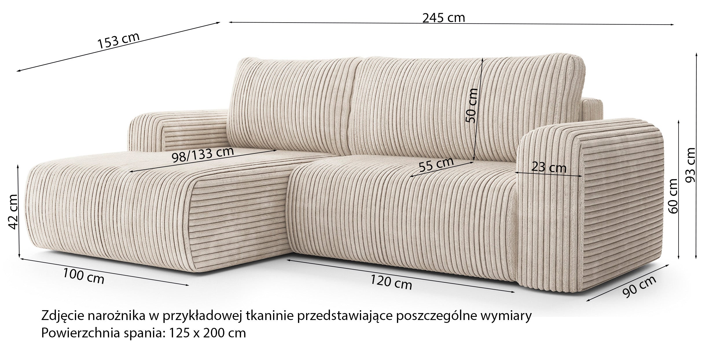 Narożnik z funkcją spania Lelu L-kształtny szary gruby sztruks lewostronny