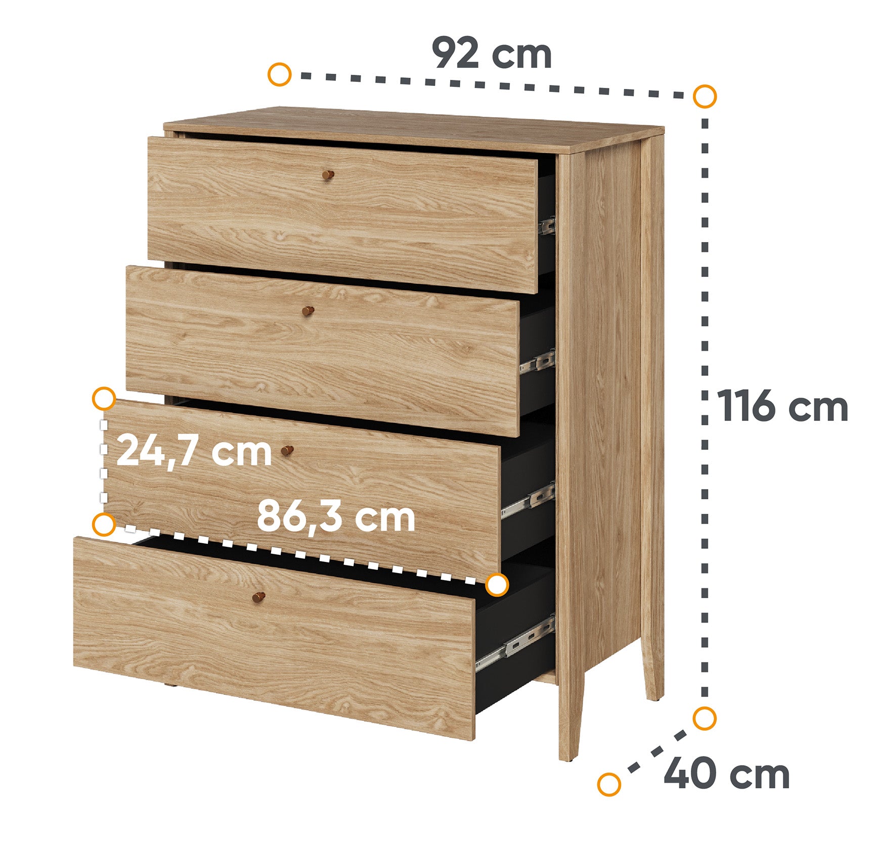 Komoda Cozy z czterema szufladami 92 cm dąb olejowany